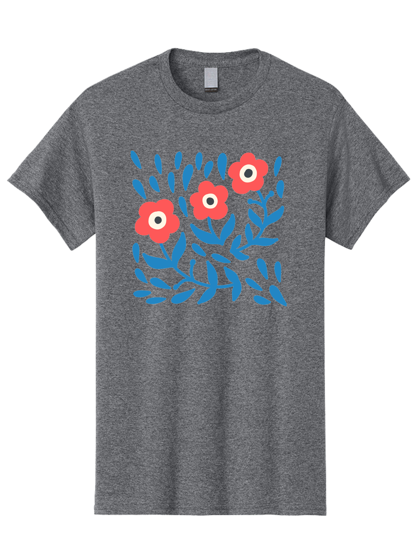Three-Red-Flowers Men'S Graphic Tee, 100% Cotton, Comfortable Casual Summer Wear, Machine Washable, Red Flowers, Blue Leaves, Floral Pattern, Abstract Design, Minimalist Art, Vibrant Colors, Playful Style, Whimsical Illustration, Spring Theme, Aab804