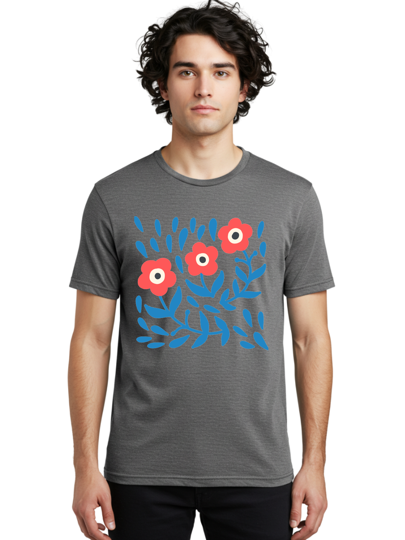 Three-Red-Flowers Men'S Graphic Tee, 100% Cotton, Comfortable Casual Summer Wear, Machine Washable, Red Flowers, Blue Leaves, Floral Pattern, Abstract Design, Minimalist Art, Vibrant Colors, Playful Style, Whimsical Illustration, Spring Theme, Aab804