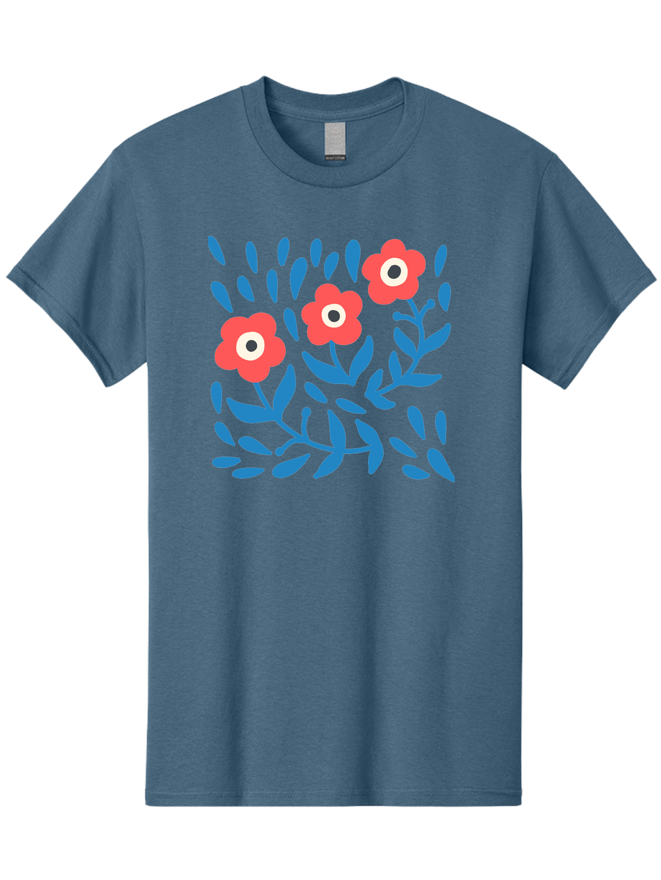 Three-Red-Flowers Men'S Graphic Tee, 100% Cotton, Comfortable Casual Summer Wear, Machine Washable, Red Flowers, Blue Leaves, Floral Pattern, Abstract Design, Minimalist Art, Vibrant Colors, Playful Style, Whimsical Illustration, Spring Theme, Aab804
