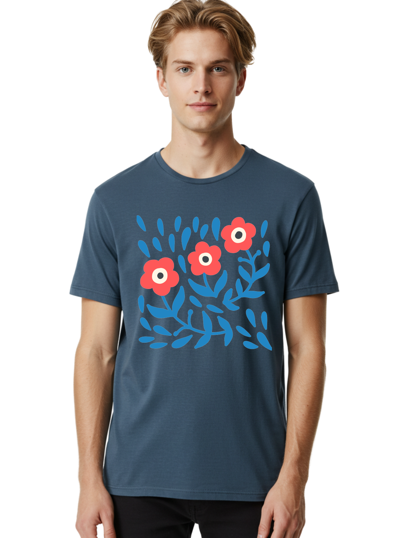 Three-Red-Flowers Men'S Graphic Tee, 100% Cotton, Comfortable Casual Summer Wear, Machine Washable, Red Flowers, Blue Leaves, Floral Pattern, Abstract Design, Minimalist Art, Vibrant Colors, Playful Style, Whimsical Illustration, Spring Theme, Aab804