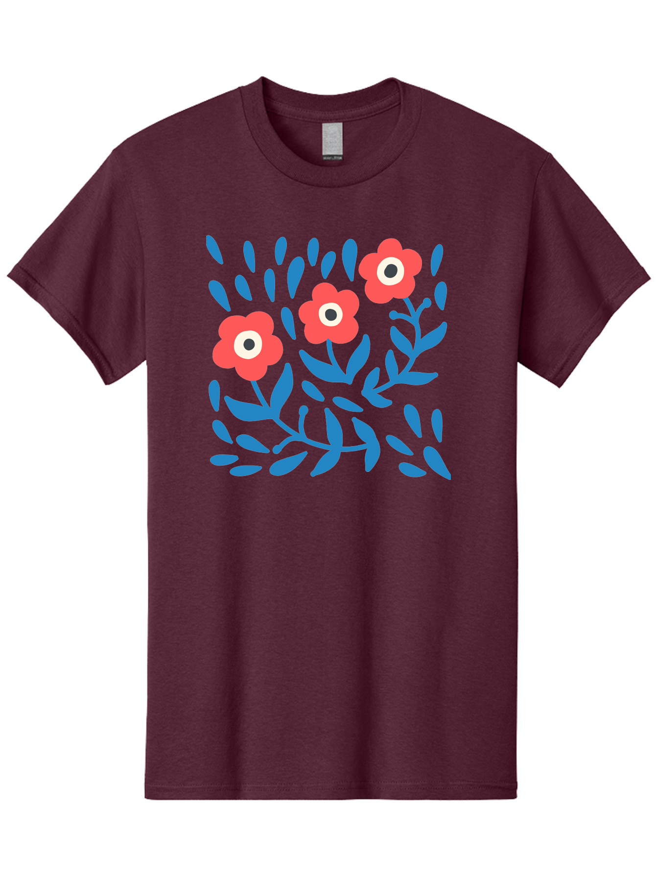 Three-Red-Flowers Men'S Graphic Tee, 100% Cotton, Comfortable Casual Summer Wear, Machine Washable, Red Flowers, Blue Leaves, Floral Pattern, Abstract Design, Minimalist Art, Vibrant Colors, Playful Style, Whimsical Illustration, Spring Theme, Aab804