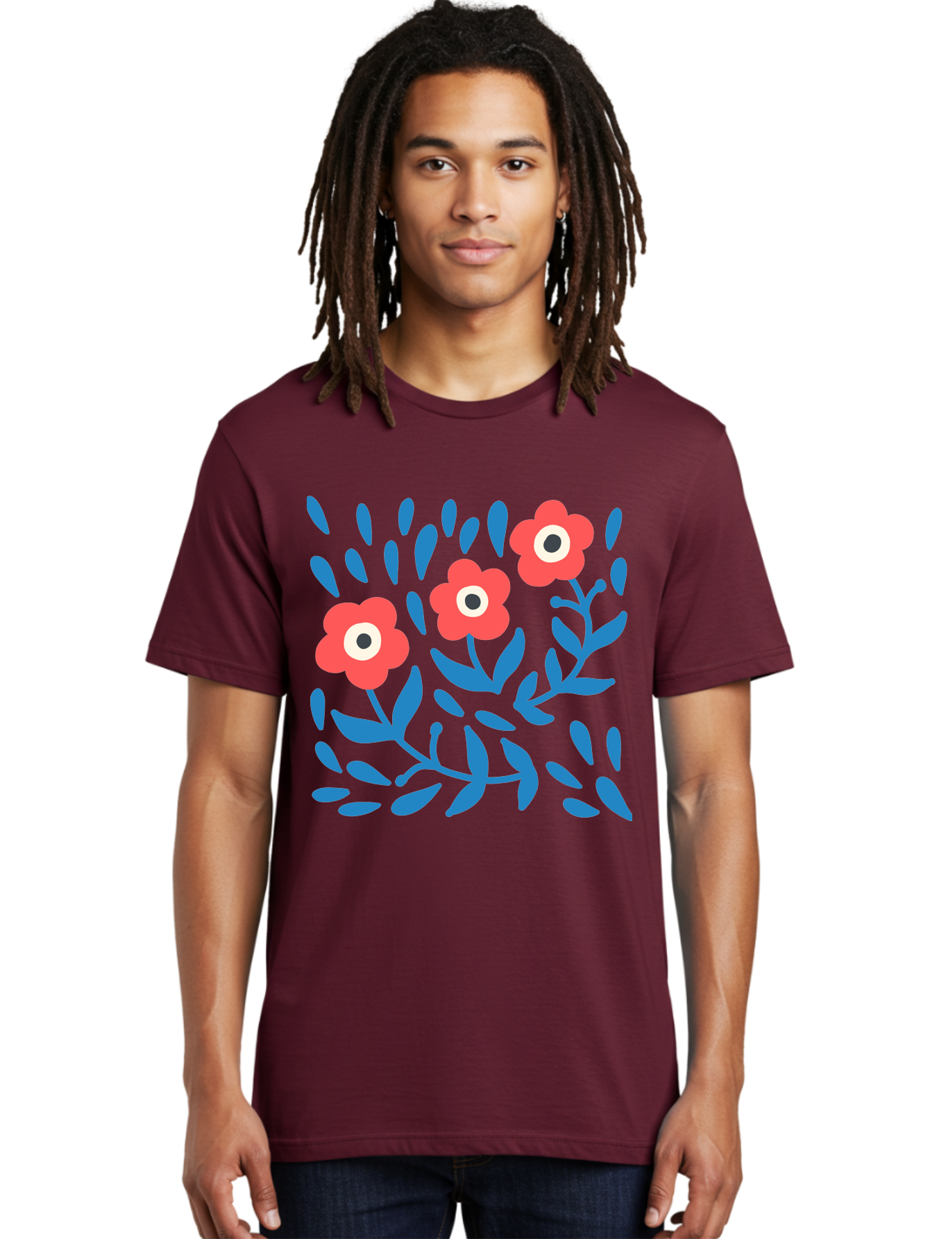 Three-Red-Flowers Men'S Graphic Tee, 100% Cotton, Comfortable Casual Summer Wear, Machine Washable, Red Flowers, Blue Leaves, Floral Pattern, Abstract Design, Minimalist Art, Vibrant Colors, Playful Style, Whimsical Illustration, Spring Theme, Aab804