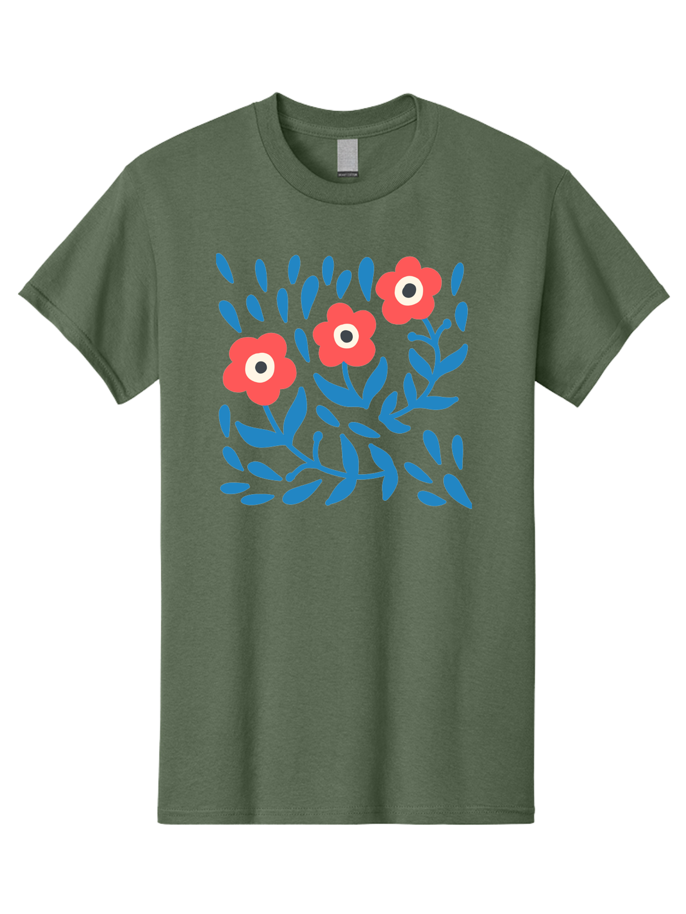 Three-Red-Flowers Men'S Graphic Tee, 100% Cotton, Comfortable Casual Summer Wear, Machine Washable, Red Flowers, Blue Leaves, Floral Pattern, Abstract Design, Minimalist Art, Vibrant Colors, Playful Style, Whimsical Illustration, Spring Theme, Aab804