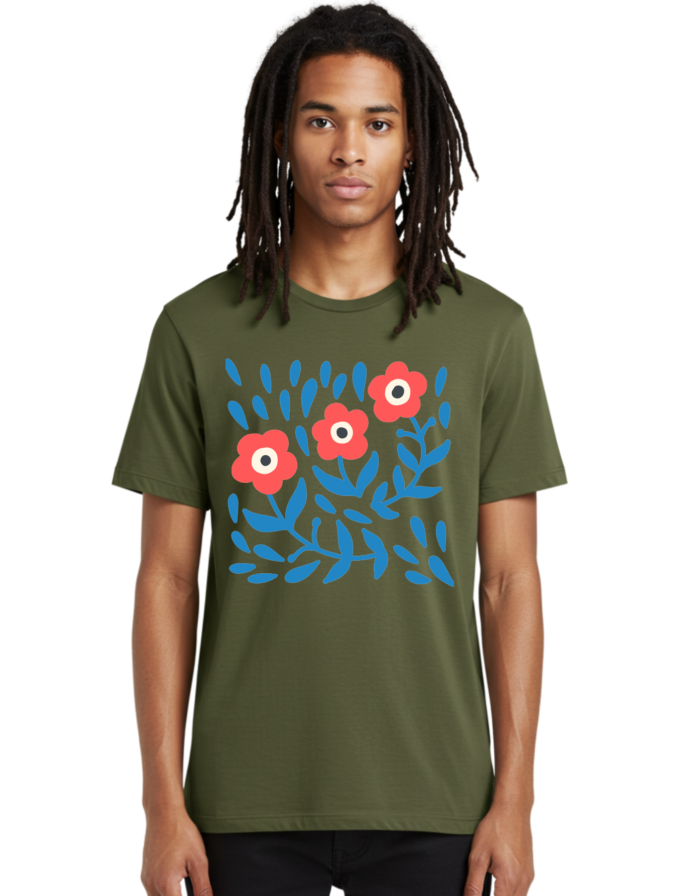 Three-Red-Flowers Men'S Graphic Tee, 100% Cotton, Comfortable Casual Summer Wear, Machine Washable, Red Flowers, Blue Leaves, Floral Pattern, Abstract Design, Minimalist Art, Vibrant Colors, Playful Style, Whimsical Illustration, Spring Theme, Aab804