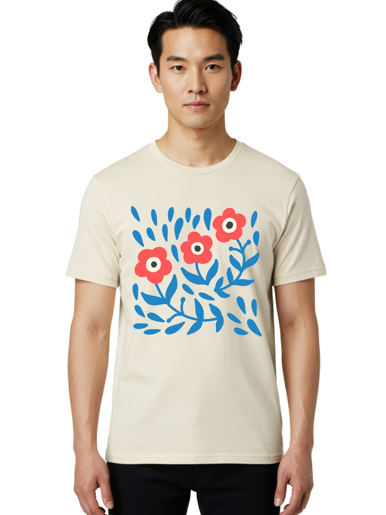 Three-Red-Flowers Men'S Graphic Tee, 100% Cotton, Comfortable Casual Summer Wear, Machine Washable, Red Flowers, Blue Leaves, Floral Pattern, Abstract Design, Minimalist Art, Vibrant Colors, Playful Style, Whimsical Illustration, Spring Theme, Aab804