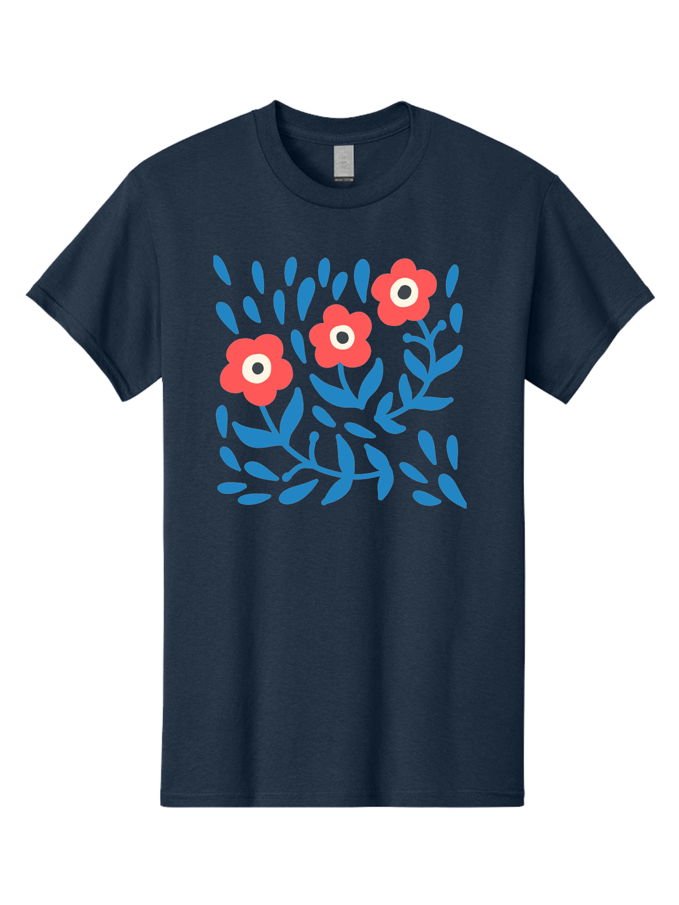 Three-Red-Flowers Men'S Graphic Tee, 100% Cotton, Comfortable Casual Summer Wear, Machine Washable, Red Flowers, Blue Leaves, Floral Pattern, Abstract Design, Minimalist Art, Vibrant Colors, Playful Style, Whimsical Illustration, Spring Theme, Aab804