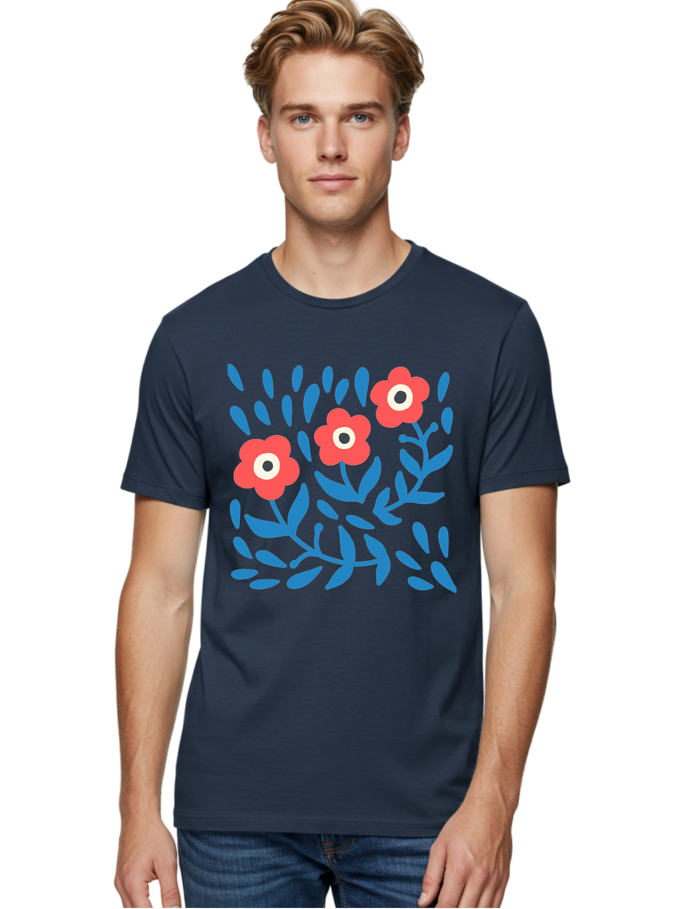 Three-Red-Flowers Men'S Graphic Tee, 100% Cotton, Comfortable Casual Summer Wear, Machine Washable, Red Flowers, Blue Leaves, Floral Pattern, Abstract Design, Minimalist Art, Vibrant Colors, Playful Style, Whimsical Illustration, Spring Theme, Aab804