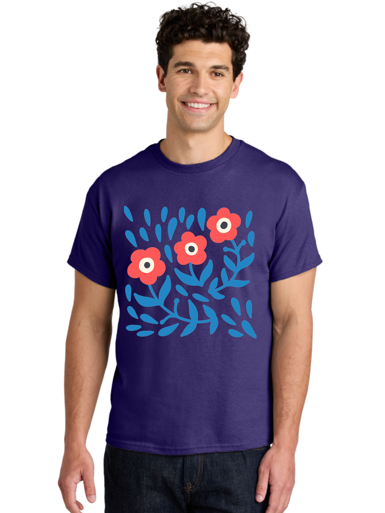 Three-Red-Flowers Men'S Graphic Tee, 100% Cotton, Comfortable Casual Summer Wear, Machine Washable, Red Flowers, Blue Leaves, Floral Pattern, Abstract Design, Minimalist Art, Vibrant Colors, Playful Style, Whimsical Illustration, Spring Theme, Aab804