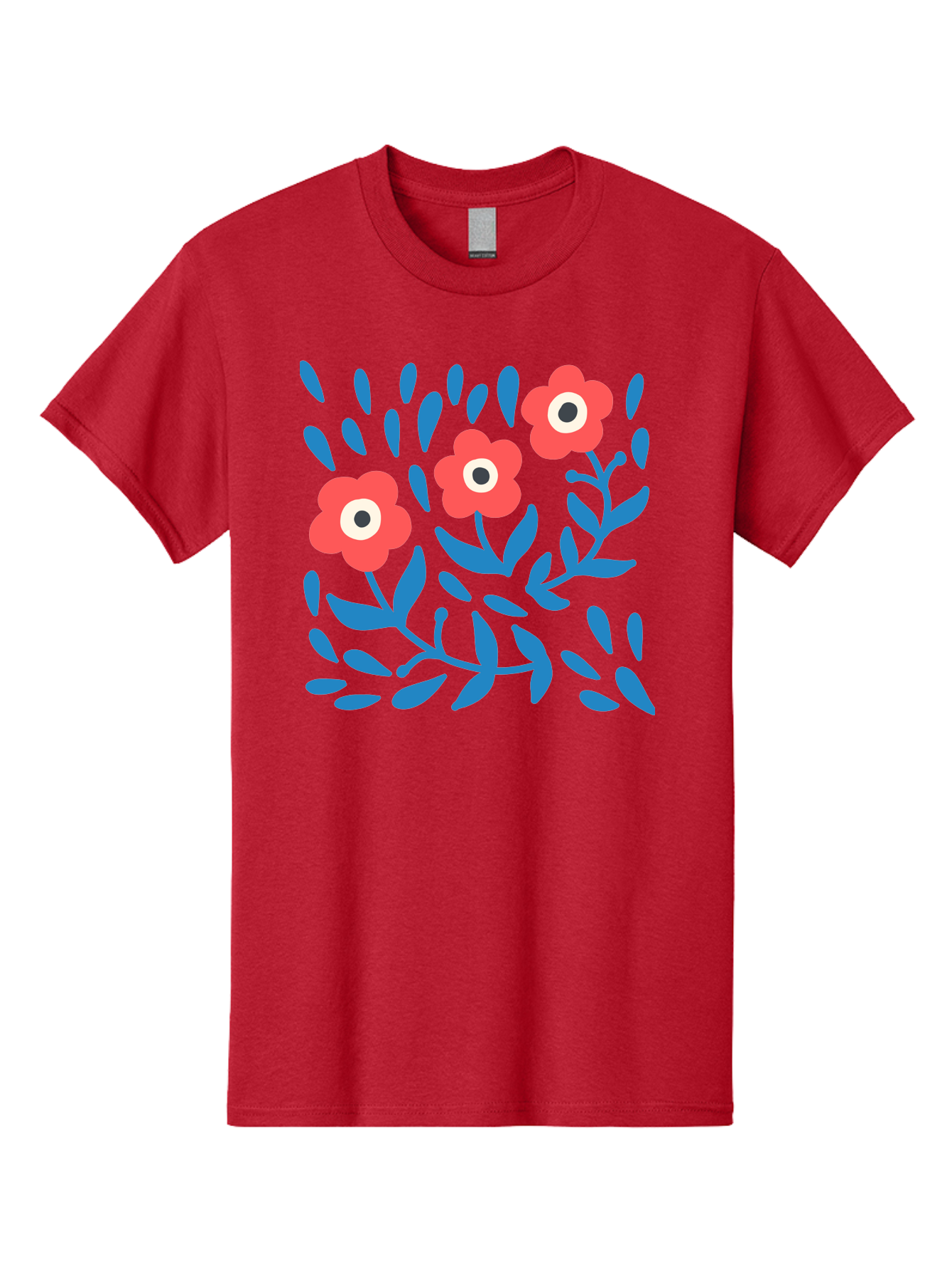Three-Red-Flowers Men'S Graphic Tee, 100% Cotton, Comfortable Casual Summer Wear, Machine Washable, Red Flowers, Blue Leaves, Floral Pattern, Abstract Design, Minimalist Art, Vibrant Colors, Playful Style, Whimsical Illustration, Spring Theme, Aab804