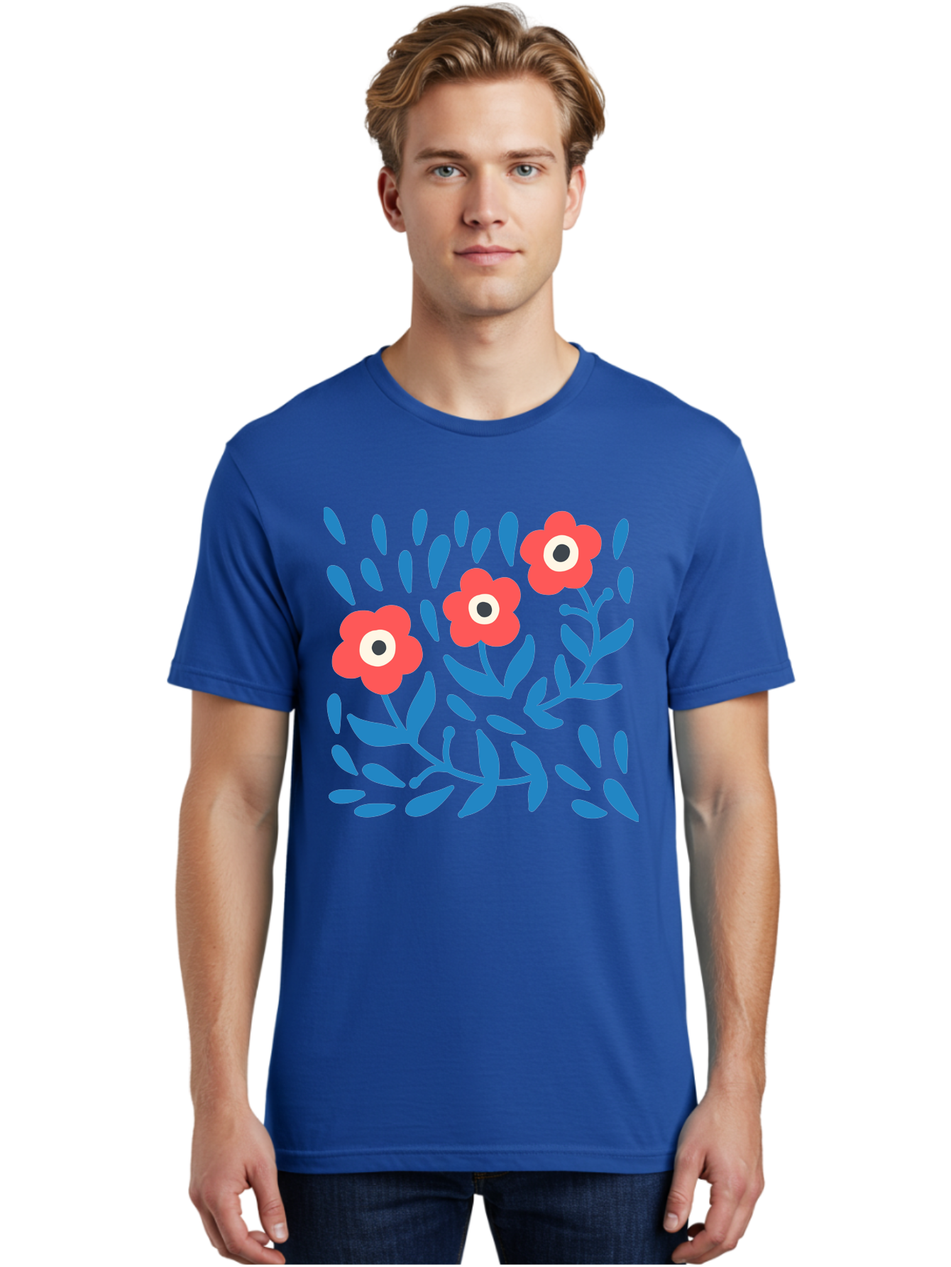 Three-Red-Flowers Men'S Graphic Tee, 100% Cotton, Comfortable Casual Summer Wear, Machine Washable, Red Flowers, Blue Leaves, Floral Pattern, Abstract Design, Minimalist Art, Vibrant Colors, Playful Style, Whimsical Illustration, Spring Theme, Aab804