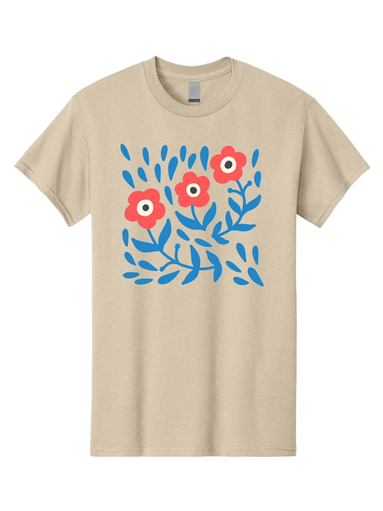 Three-Red-Flowers Men'S Graphic Tee, 100% Cotton, Comfortable Casual Summer Wear, Machine Washable, Red Flowers, Blue Leaves, Floral Pattern, Abstract Design, Minimalist Art, Vibrant Colors, Playful Style, Whimsical Illustration, Spring Theme, Aab804
