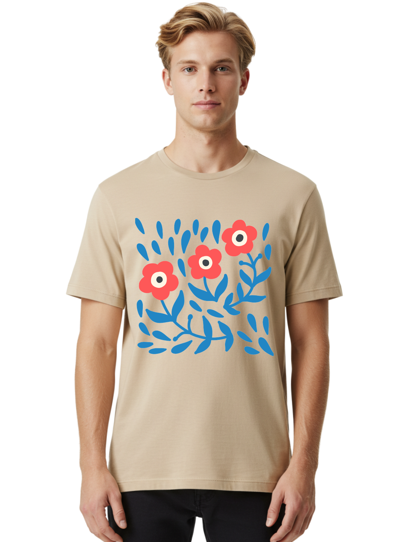 Three-Red-Flowers Men'S Graphic Tee, 100% Cotton, Comfortable Casual Summer Wear, Machine Washable, Red Flowers, Blue Leaves, Floral Pattern, Abstract Design, Minimalist Art, Vibrant Colors, Playful Style, Whimsical Illustration, Spring Theme, Aab804