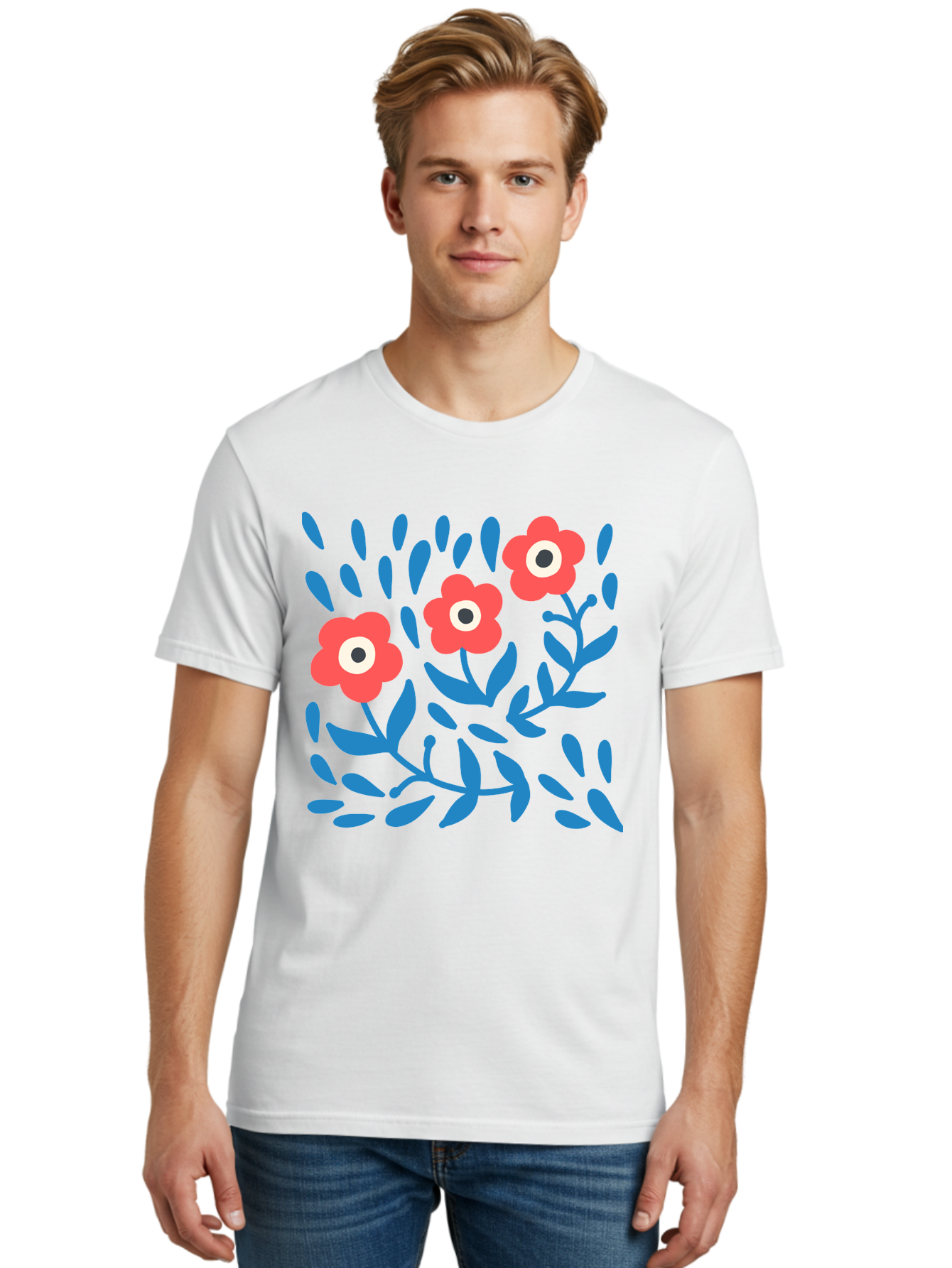 Three-Red-Flowers Men'S Graphic Tee, 100% Cotton, Comfortable Casual Summer Wear, Machine Washable, Red Flowers, Blue Leaves, Floral Pattern, Abstract Design, Minimalist Art, Vibrant Colors, Playful Style, Whimsical Illustration, Spring Theme, Aab804