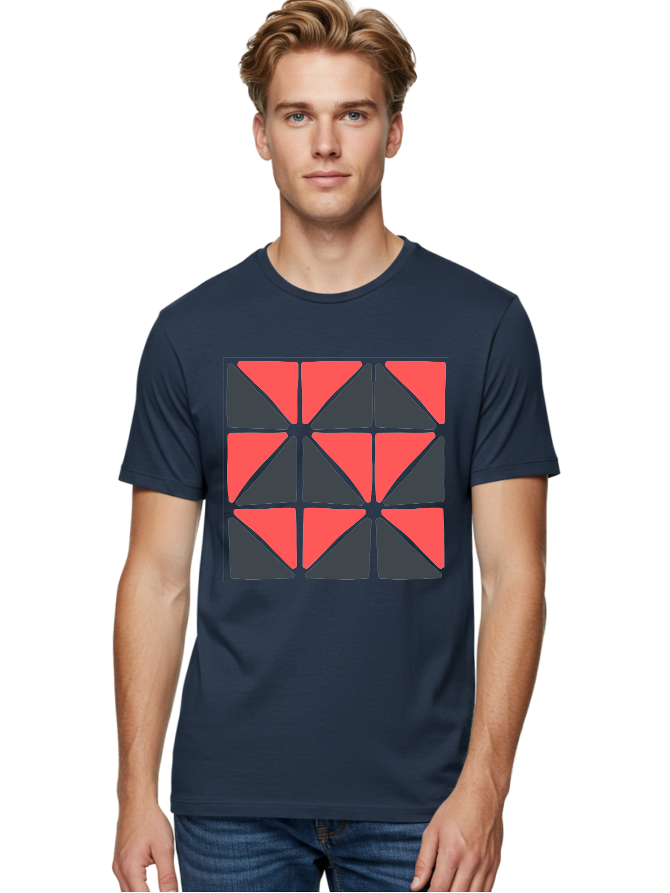 Triangles-Pattern Men'S Graphic Tee, 100% Cotton, Comfortable Casual Summer Wear, Machine Washable, Geometric Pattern, Pink And Gray Triangles, Modern Design, Abstract Art, Symmetrical Shapes, Graphic Elements, Digital Design Aab806