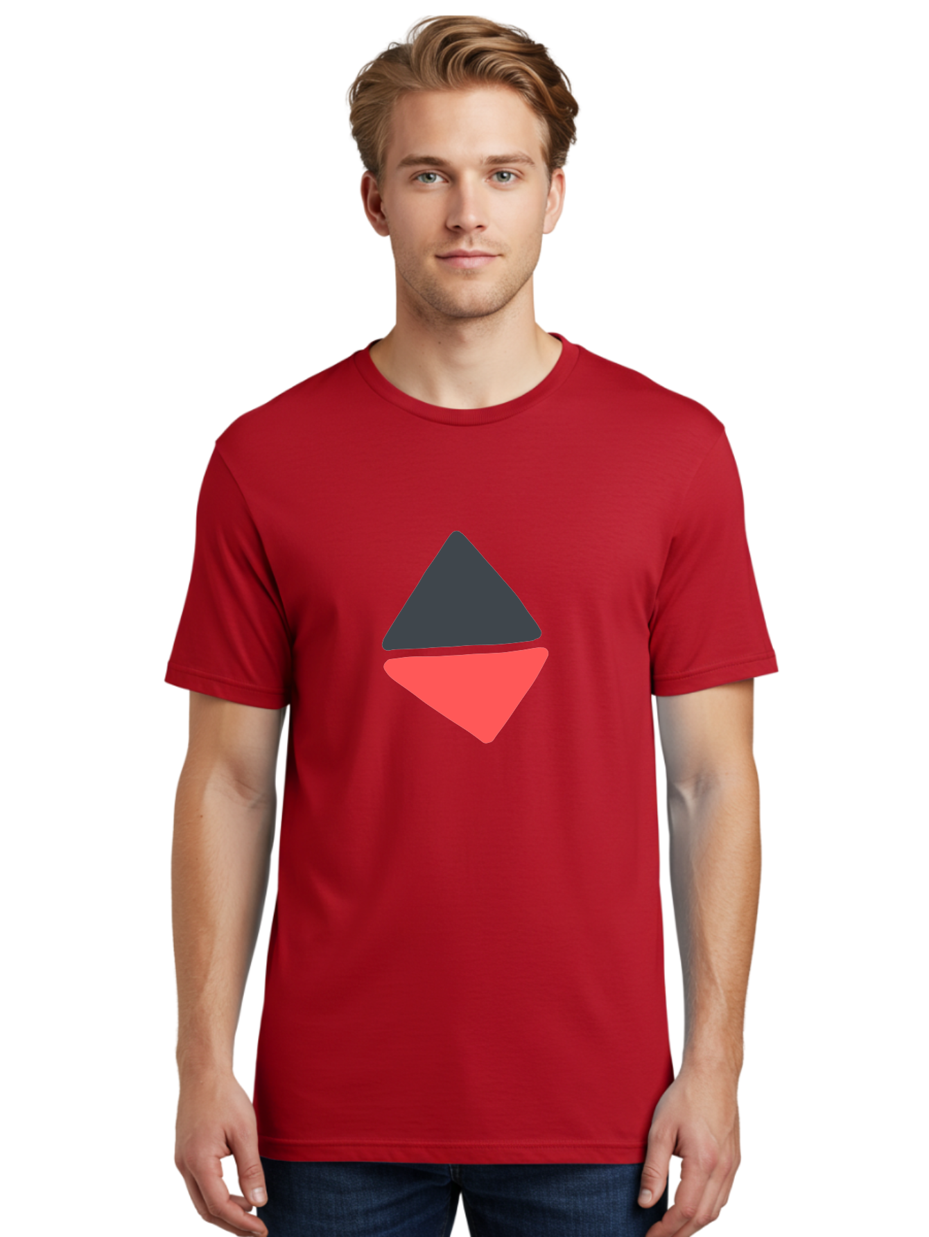 Triangles Men'S Graphic Tee, 100% Cotton, Comfortable Casual Summer Wear, Machine Washable, Geometric Shapes, Triangle Design, Overlapping Forms, Black And Red Colors, Simple Graphics, Abstract Art, Minimalist Style Aab807