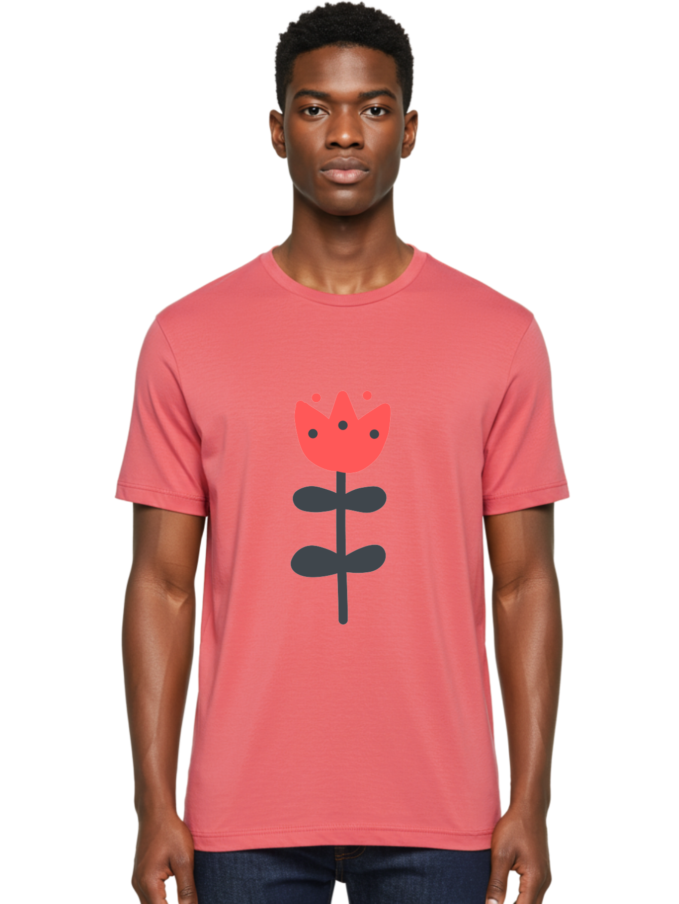 Tulip-1 Men'S Graphic Tee, 100% Cotton, Comfortable Casual Summer Wear, Machine Washable, Stylized Tulip, Cartoon Flower, Simple Design, Minimalist Art, Floral Illustration, Red Petals, Black Leaves, Cute Graphics, Modern Iconography, Aab808