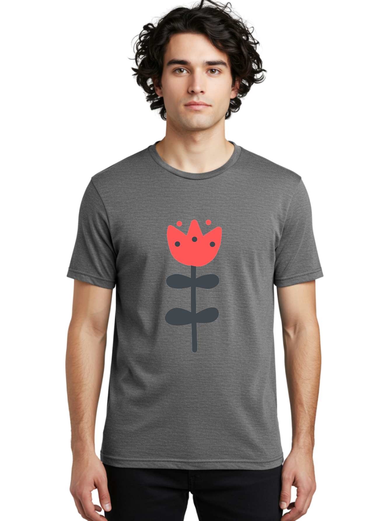 Tulip-1 Men'S Graphic Tee, 100% Cotton, Comfortable Casual Summer Wear, Machine Washable, Stylized Tulip, Cartoon Flower, Simple Design, Minimalist Art, Floral Illustration, Red Petals, Black Leaves, Cute Graphics, Modern Iconography, Aab808