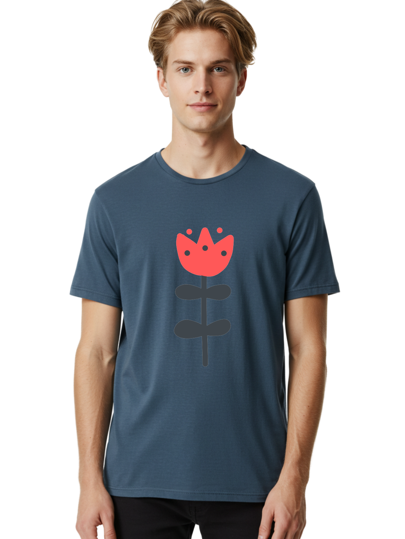 Tulip-1 Men'S Graphic Tee, 100% Cotton, Comfortable Casual Summer Wear, Machine Washable, Stylized Tulip, Cartoon Flower, Simple Design, Minimalist Art, Floral Illustration, Red Petals, Black Leaves, Cute Graphics, Modern Iconography, Aab808