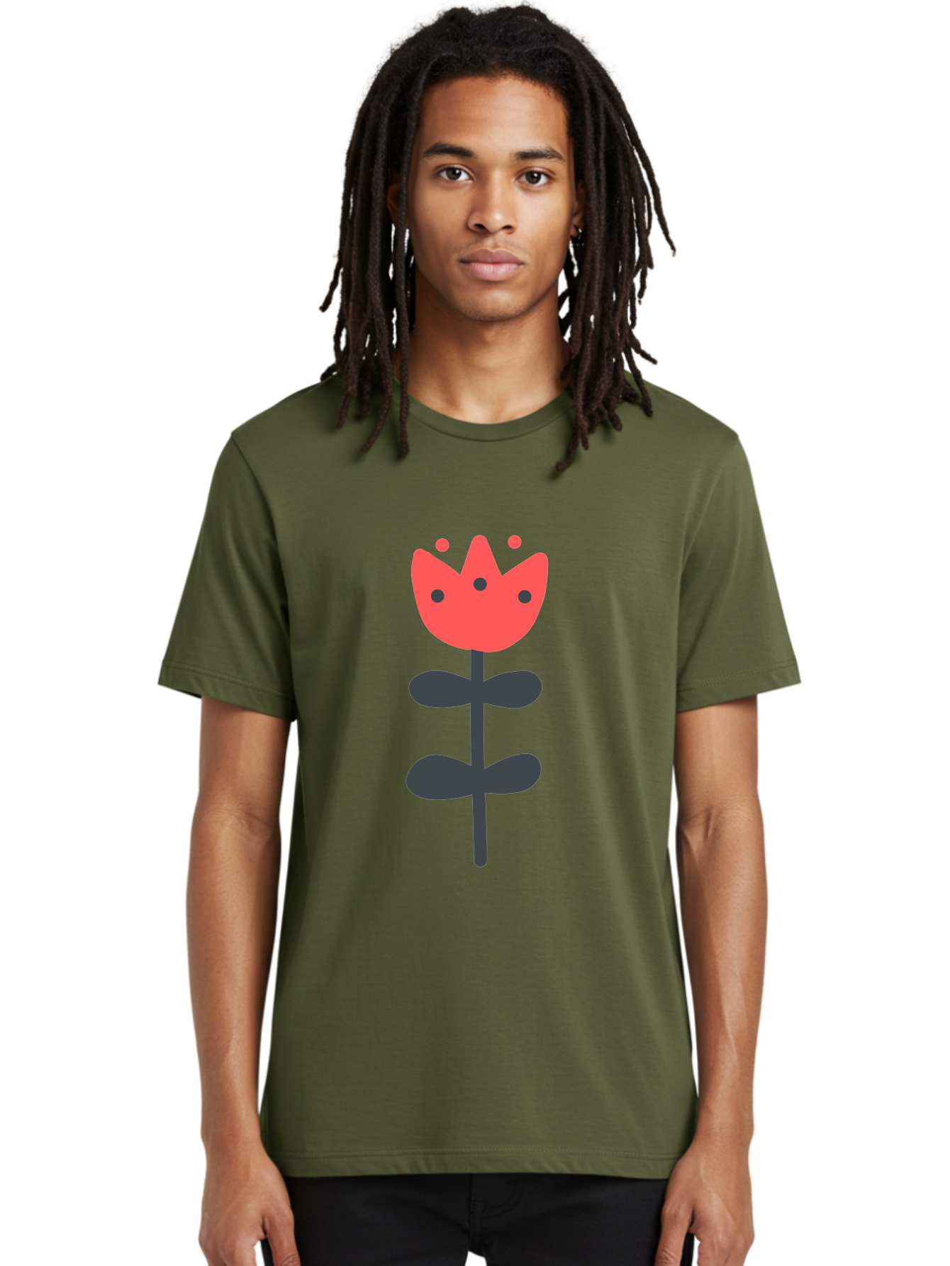 Tulip-1 Men'S Graphic Tee, 100% Cotton, Comfortable Casual Summer Wear, Machine Washable, Stylized Tulip, Cartoon Flower, Simple Design, Minimalist Art, Floral Illustration, Red Petals, Black Leaves, Cute Graphics, Modern Iconography, Aab808