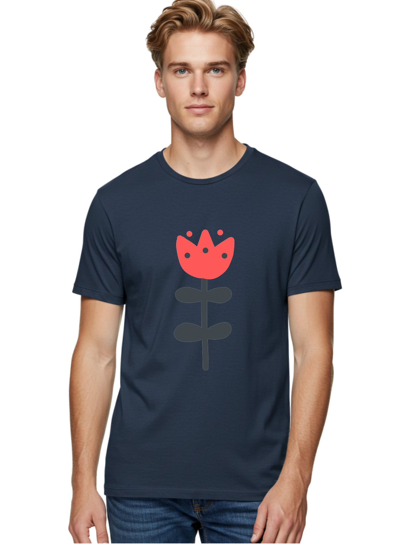 Tulip-1 Men'S Graphic Tee, 100% Cotton, Comfortable Casual Summer Wear, Machine Washable, Stylized Tulip, Cartoon Flower, Simple Design, Minimalist Art, Floral Illustration, Red Petals, Black Leaves, Cute Graphics, Modern Iconography, Aab808