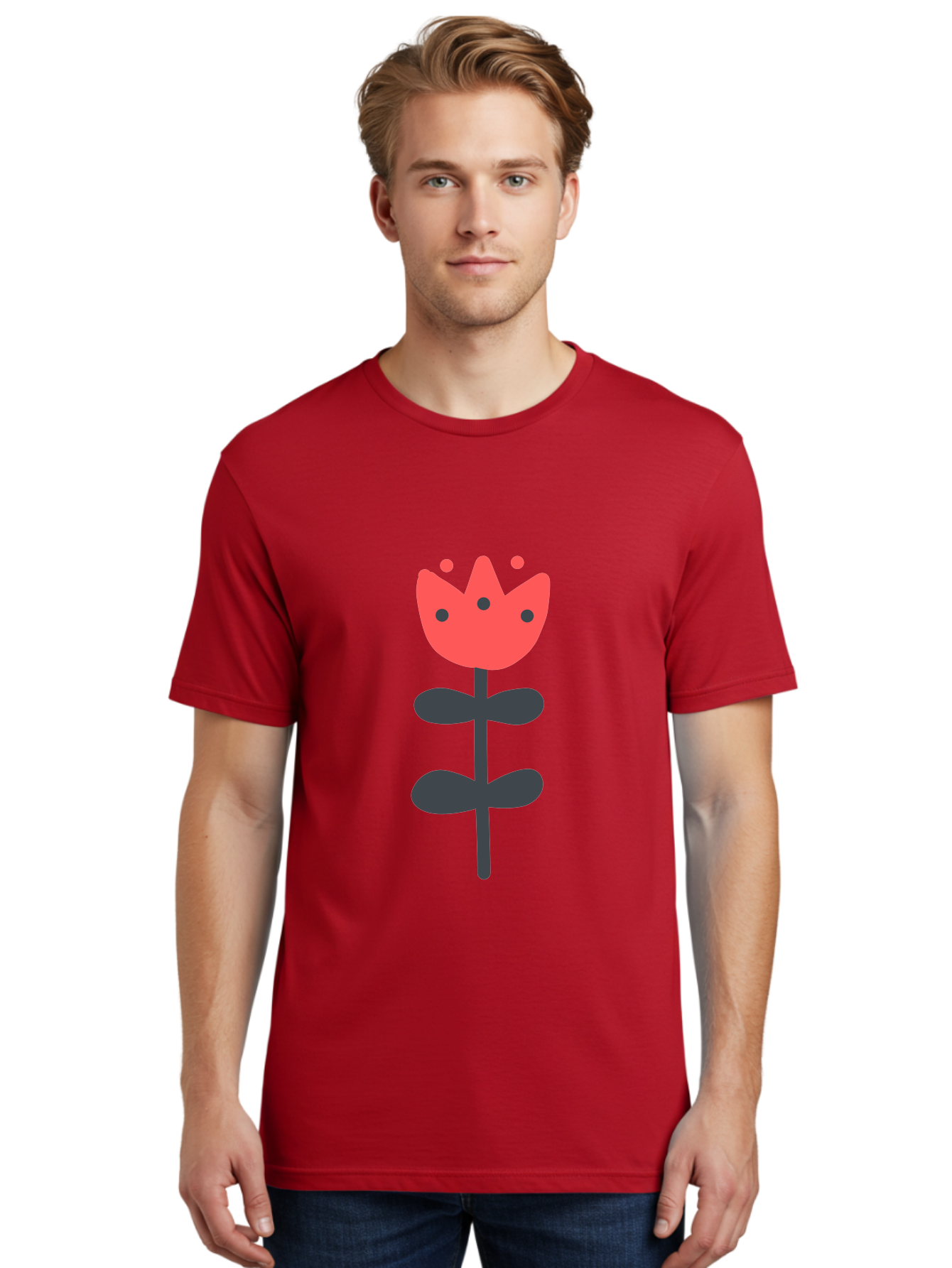 Tulip-1 Men'S Graphic Tee, 100% Cotton, Comfortable Casual Summer Wear, Machine Washable, Stylized Tulip, Cartoon Flower, Simple Design, Minimalist Art, Floral Illustration, Red Petals, Black Leaves, Cute Graphics, Modern Iconography, Aab808