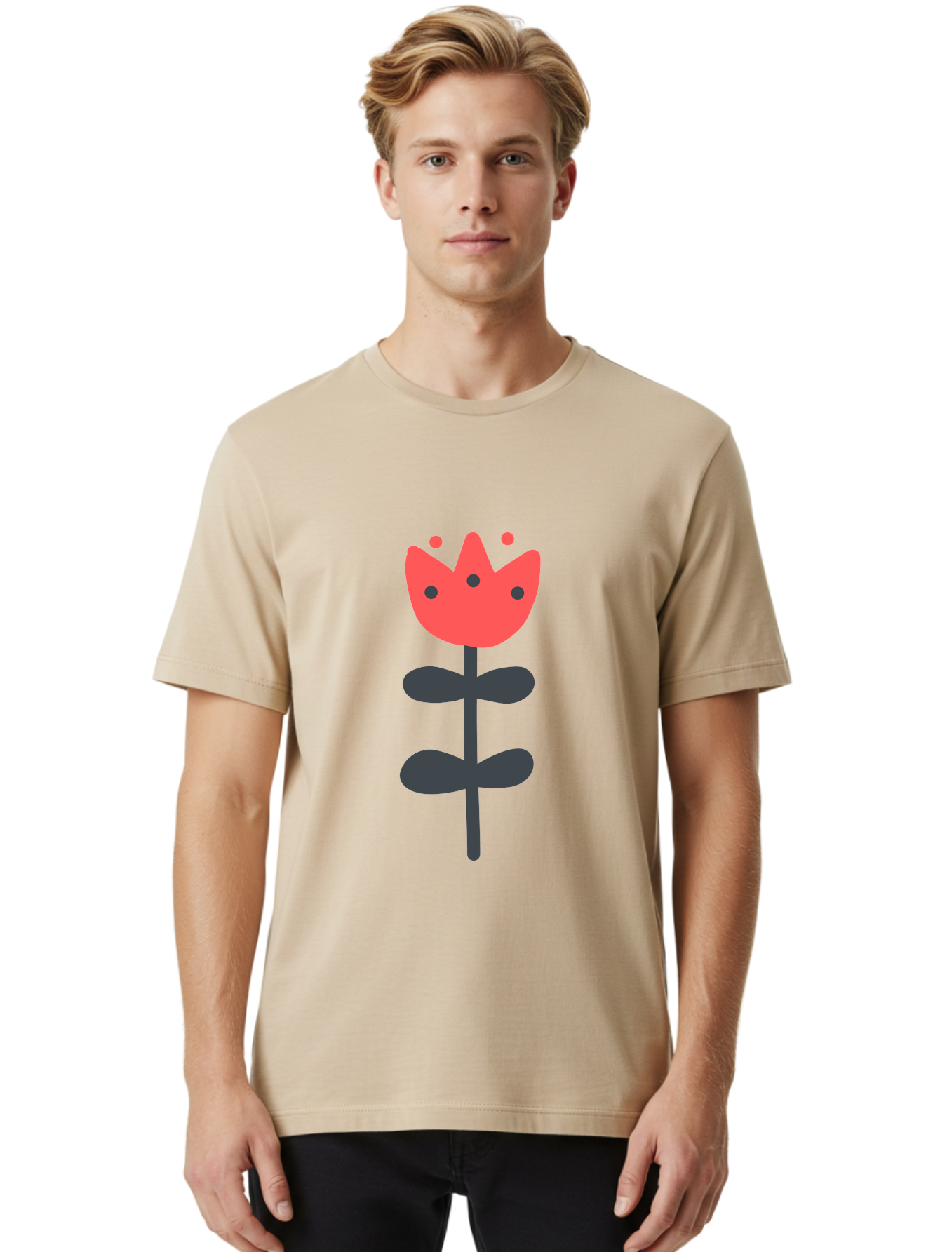 Tulip-1 Men'S Graphic Tee, 100% Cotton, Comfortable Casual Summer Wear, Machine Washable, Stylized Tulip, Cartoon Flower, Simple Design, Minimalist Art, Floral Illustration, Red Petals, Black Leaves, Cute Graphics, Modern Iconography, Aab808