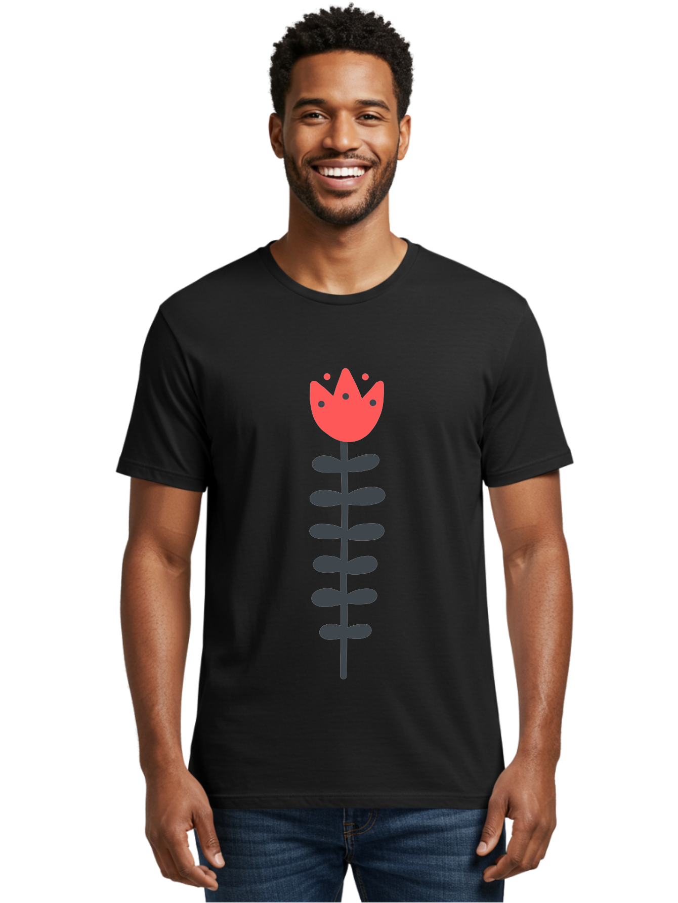 Tulip-Illustration Men'S Graphic Tee, 100% Cotton, Comfortable Casual Summer Wear, Machine Washable, Stylized Tulip, Minimalist Design, Simple Shapes, Red Tulip, Purple Leaves, Modern Art, Floral Motif, Artistic Expression, Creative Design Aab809