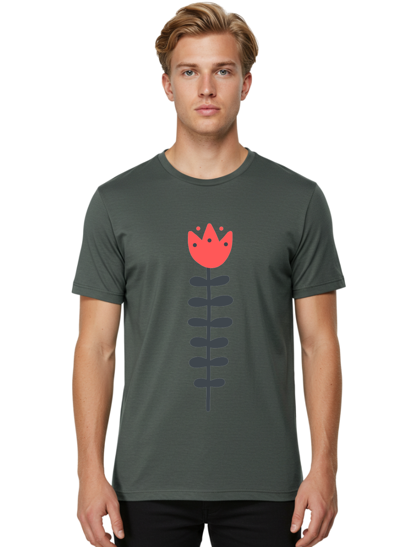 Tulip-Illustration Men'S Graphic Tee, 100% Cotton, Comfortable Casual Summer Wear, Machine Washable, Stylized Tulip, Minimalist Design, Simple Shapes, Red Tulip, Purple Leaves, Modern Art, Floral Motif, Artistic Expression, Creative Design Aab809