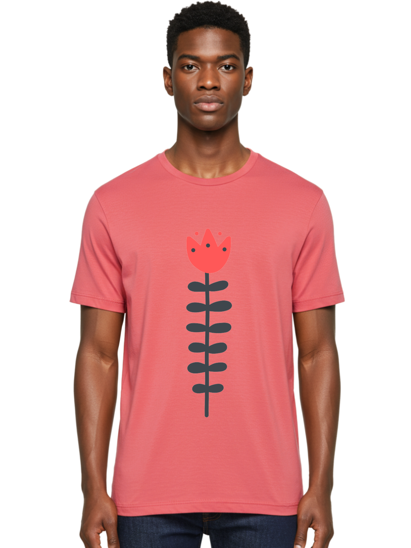 Tulip-Illustration Men'S Graphic Tee, 100% Cotton, Comfortable Casual Summer Wear, Machine Washable, Stylized Tulip, Minimalist Design, Simple Shapes, Red Tulip, Purple Leaves, Modern Art, Floral Motif, Artistic Expression, Creative Design Aab809