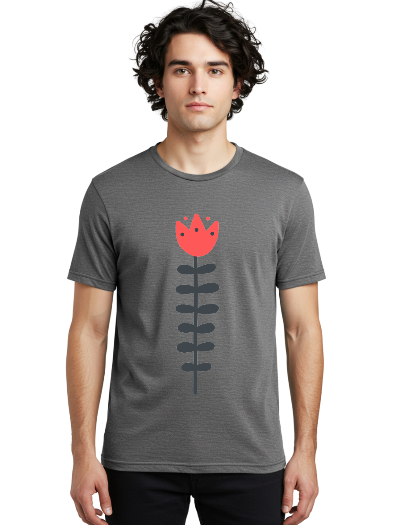 Tulip-Illustration Men'S Graphic Tee, 100% Cotton, Comfortable Casual Summer Wear, Machine Washable, Stylized Tulip, Minimalist Design, Simple Shapes, Red Tulip, Purple Leaves, Modern Art, Floral Motif, Artistic Expression, Creative Design Aab809