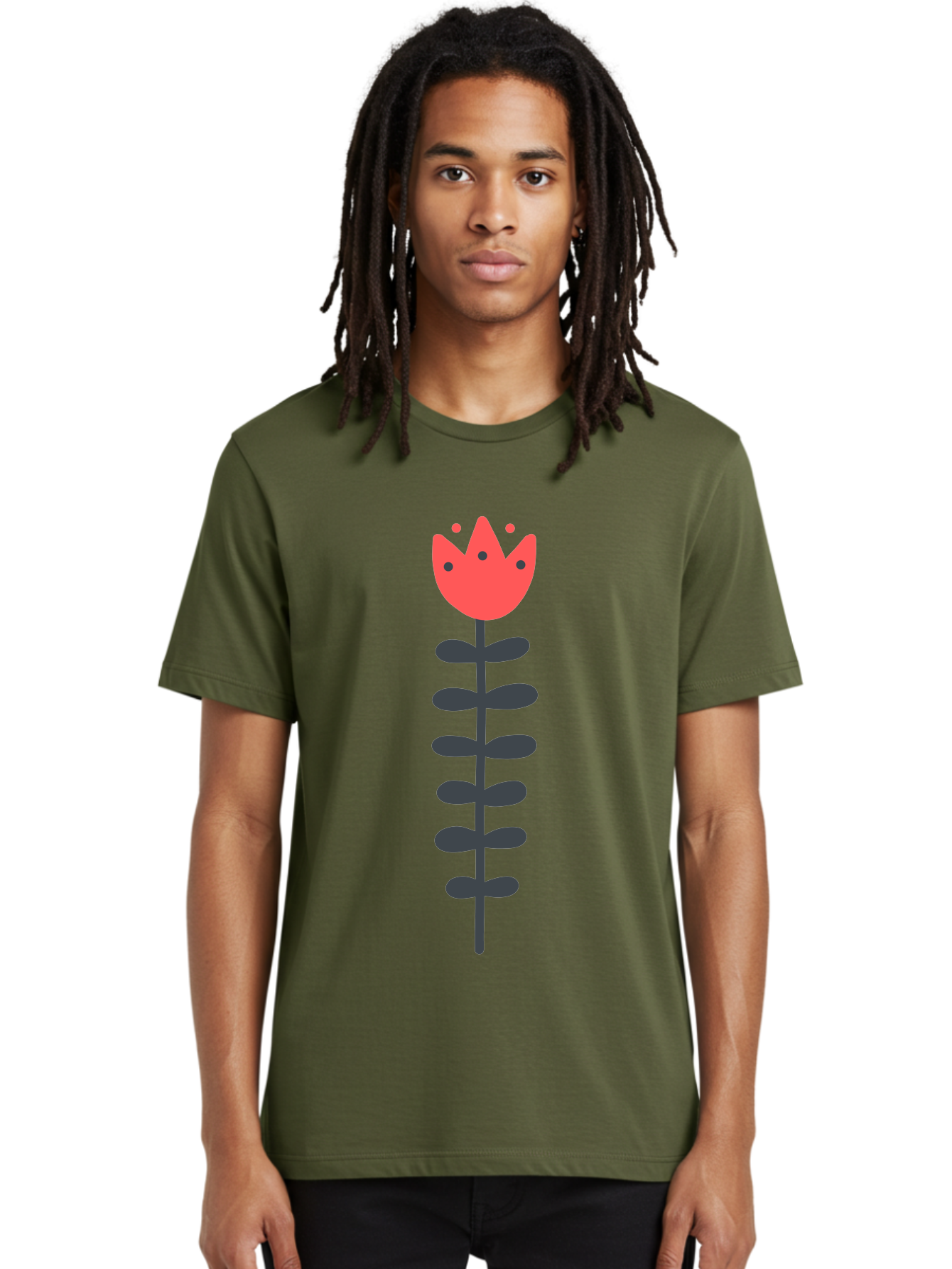 Tulip-Illustration Men'S Graphic Tee, 100% Cotton, Comfortable Casual Summer Wear, Machine Washable, Stylized Tulip, Minimalist Design, Simple Shapes, Red Tulip, Purple Leaves, Modern Art, Floral Motif, Artistic Expression, Creative Design Aab809