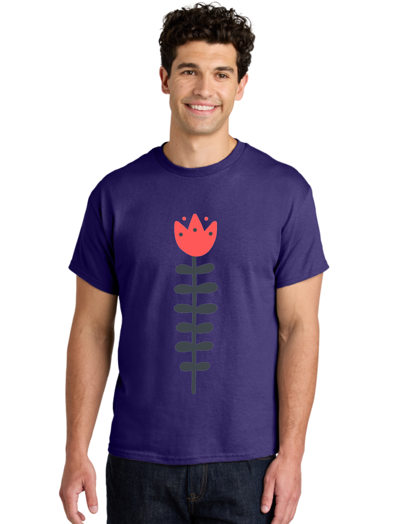 Tulip-Illustration Men'S Graphic Tee, 100% Cotton, Comfortable Casual Summer Wear, Machine Washable, Stylized Tulip, Minimalist Design, Simple Shapes, Red Tulip, Purple Leaves, Modern Art, Floral Motif, Artistic Expression, Creative Design Aab809