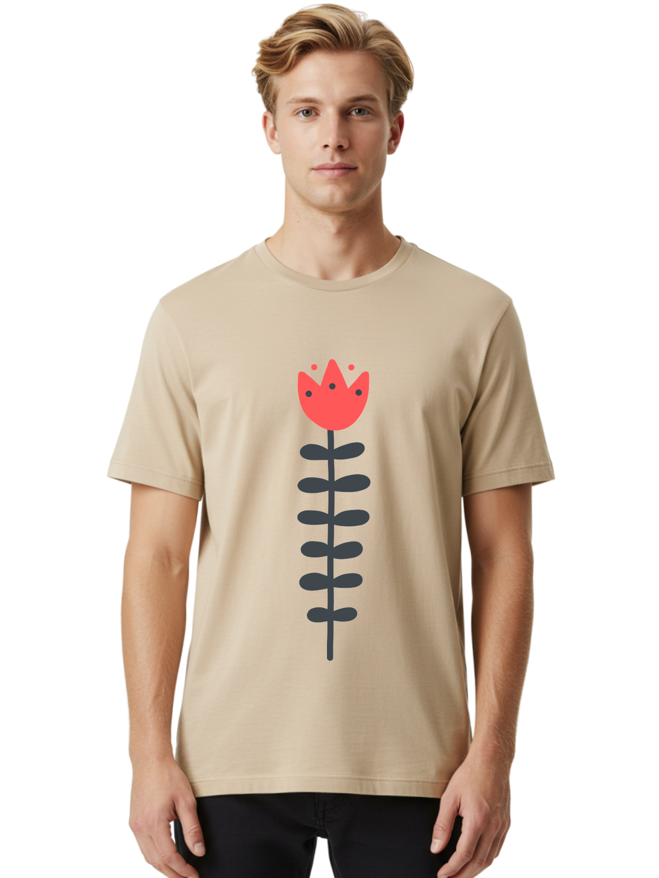 Tulip-Illustration Men'S Graphic Tee, 100% Cotton, Comfortable Casual Summer Wear, Machine Washable, Stylized Tulip, Minimalist Design, Simple Shapes, Red Tulip, Purple Leaves, Modern Art, Floral Motif, Artistic Expression, Creative Design Aab809