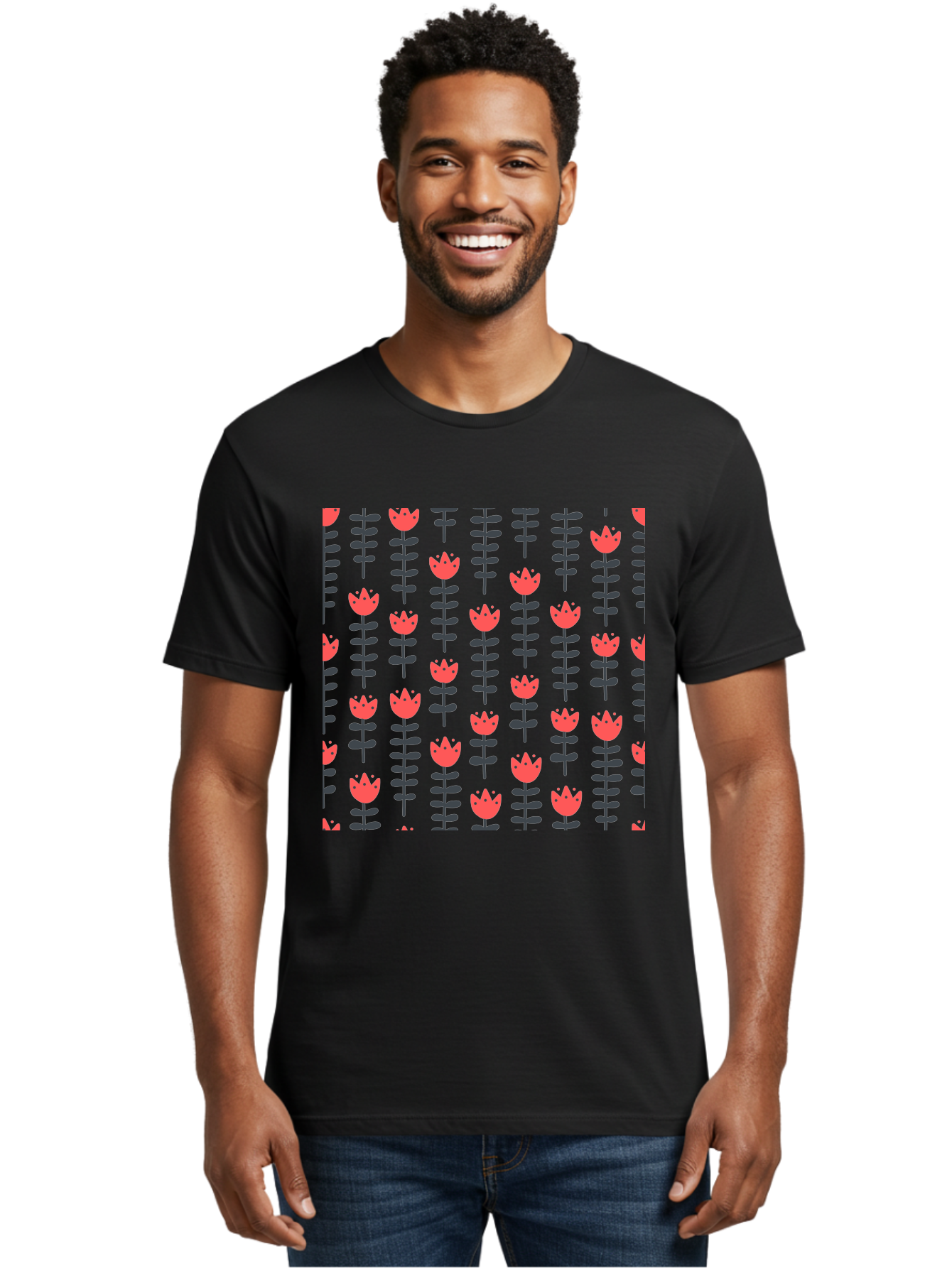 Tulip-Pattern-1 Men'S Graphic Tee, 100% Cotton, Comfortable Casual Summer Wear, Machine Washable, Tulip Pattern, Red Tulips, Black Stems, Floral Design, Repeating Pattern, Minimalist Style, Botanical Print, Wallpaper, Textile Design, Aab810