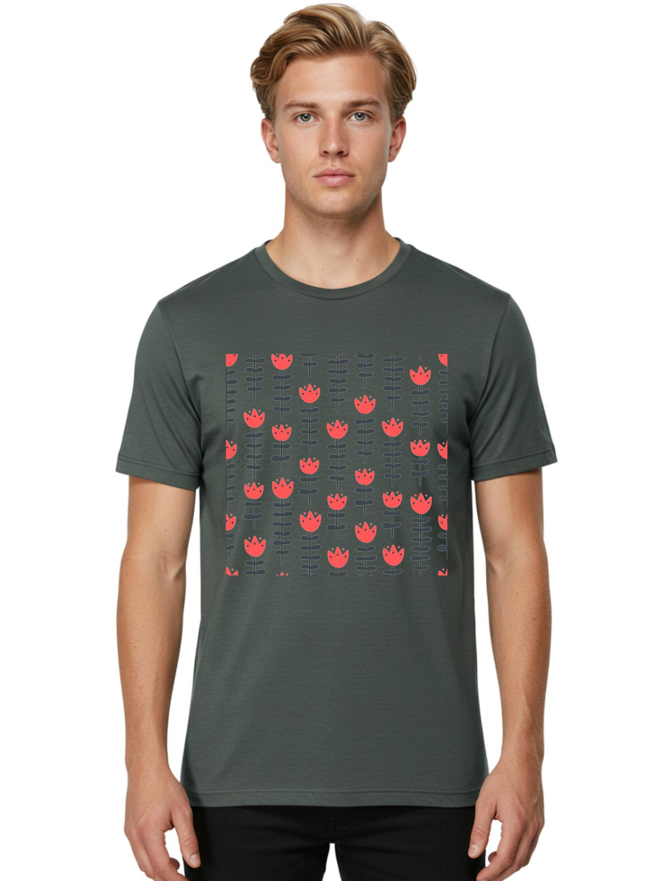 Tulip-Pattern-1 Men'S Graphic Tee, 100% Cotton, Comfortable Casual Summer Wear, Machine Washable, Tulip Pattern, Red Tulips, Black Stems, Floral Design, Repeating Pattern, Minimalist Style, Botanical Print, Wallpaper, Textile Design, Aab810
