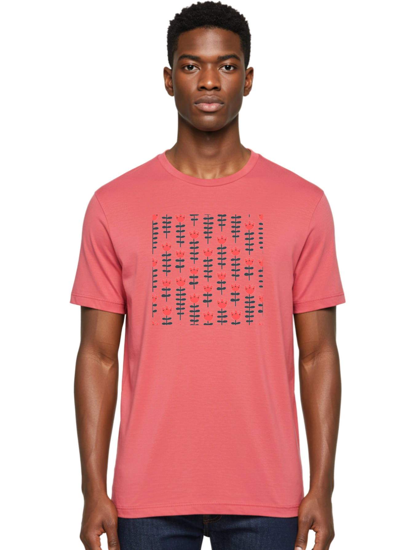 Tulip-Pattern-1 Men'S Graphic Tee, 100% Cotton, Comfortable Casual Summer Wear, Machine Washable, Tulip Pattern, Red Tulips, Black Stems, Floral Design, Repeating Pattern, Minimalist Style, Botanical Print, Wallpaper, Textile Design, Aab810