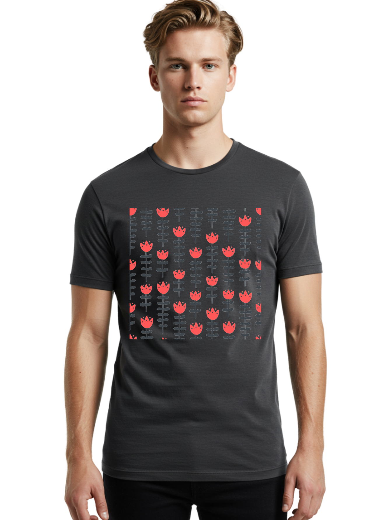 Tulip-Pattern-1 Men'S Graphic Tee, 100% Cotton, Comfortable Casual Summer Wear, Machine Washable, Tulip Pattern, Red Tulips, Black Stems, Floral Design, Repeating Pattern, Minimalist Style, Botanical Print, Wallpaper, Textile Design, Aab810