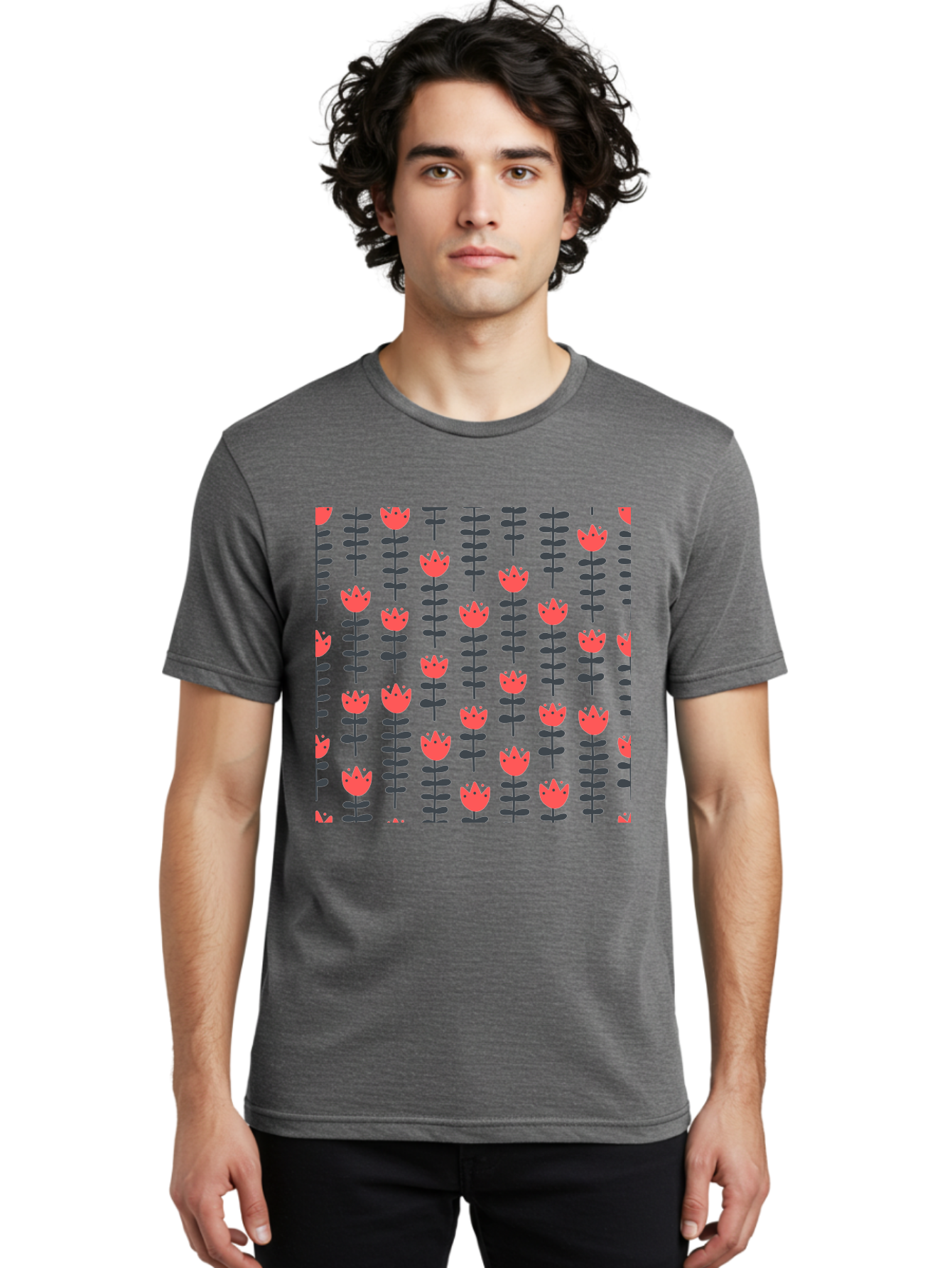 Tulip-Pattern-1 Men'S Graphic Tee, 100% Cotton, Comfortable Casual Summer Wear, Machine Washable, Tulip Pattern, Red Tulips, Black Stems, Floral Design, Repeating Pattern, Minimalist Style, Botanical Print, Wallpaper, Textile Design, Aab810