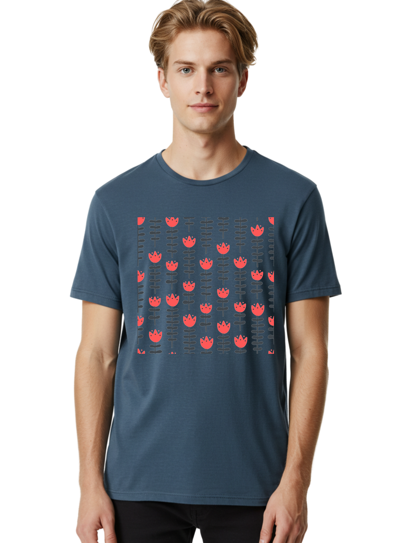 Tulip-Pattern-1 Men'S Graphic Tee, 100% Cotton, Comfortable Casual Summer Wear, Machine Washable, Tulip Pattern, Red Tulips, Black Stems, Floral Design, Repeating Pattern, Minimalist Style, Botanical Print, Wallpaper, Textile Design, Aab810