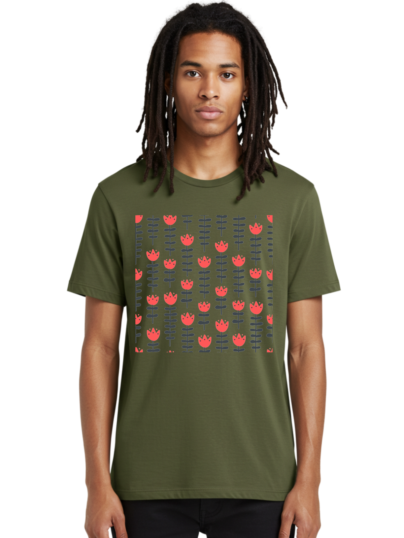Tulip-Pattern-1 Men'S Graphic Tee, 100% Cotton, Comfortable Casual Summer Wear, Machine Washable, Tulip Pattern, Red Tulips, Black Stems, Floral Design, Repeating Pattern, Minimalist Style, Botanical Print, Wallpaper, Textile Design, Aab810