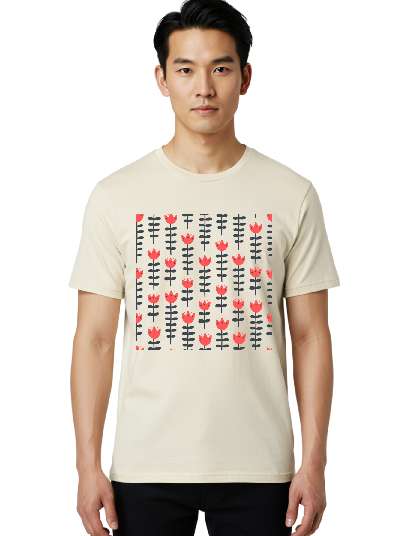 Tulip-Pattern-1 Men'S Graphic Tee, 100% Cotton, Comfortable Casual Summer Wear, Machine Washable, Tulip Pattern, Red Tulips, Black Stems, Floral Design, Repeating Pattern, Minimalist Style, Botanical Print, Wallpaper, Textile Design, Aab810