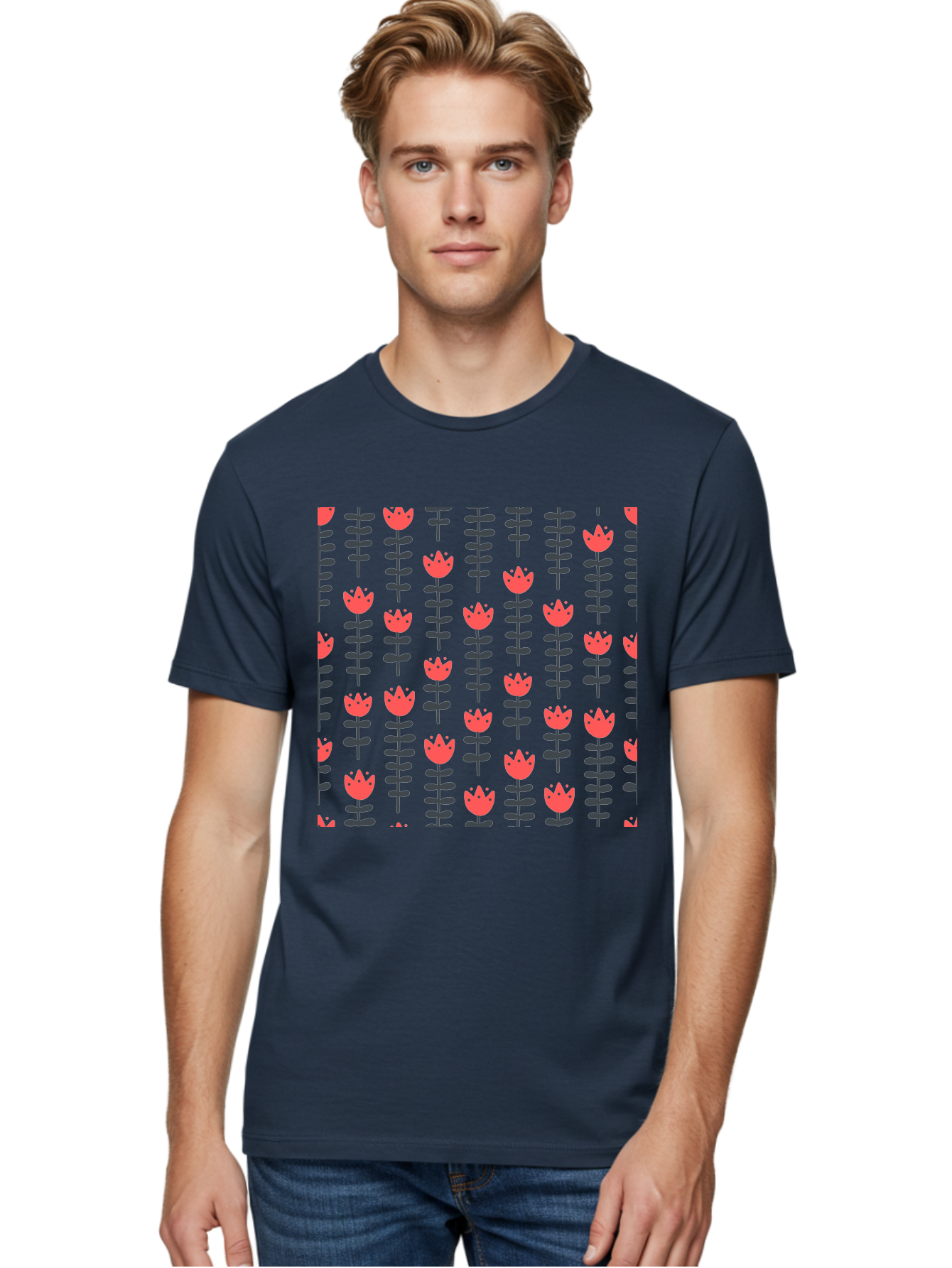 Tulip-Pattern-1 Men'S Graphic Tee, 100% Cotton, Comfortable Casual Summer Wear, Machine Washable, Tulip Pattern, Red Tulips, Black Stems, Floral Design, Repeating Pattern, Minimalist Style, Botanical Print, Wallpaper, Textile Design, Aab810