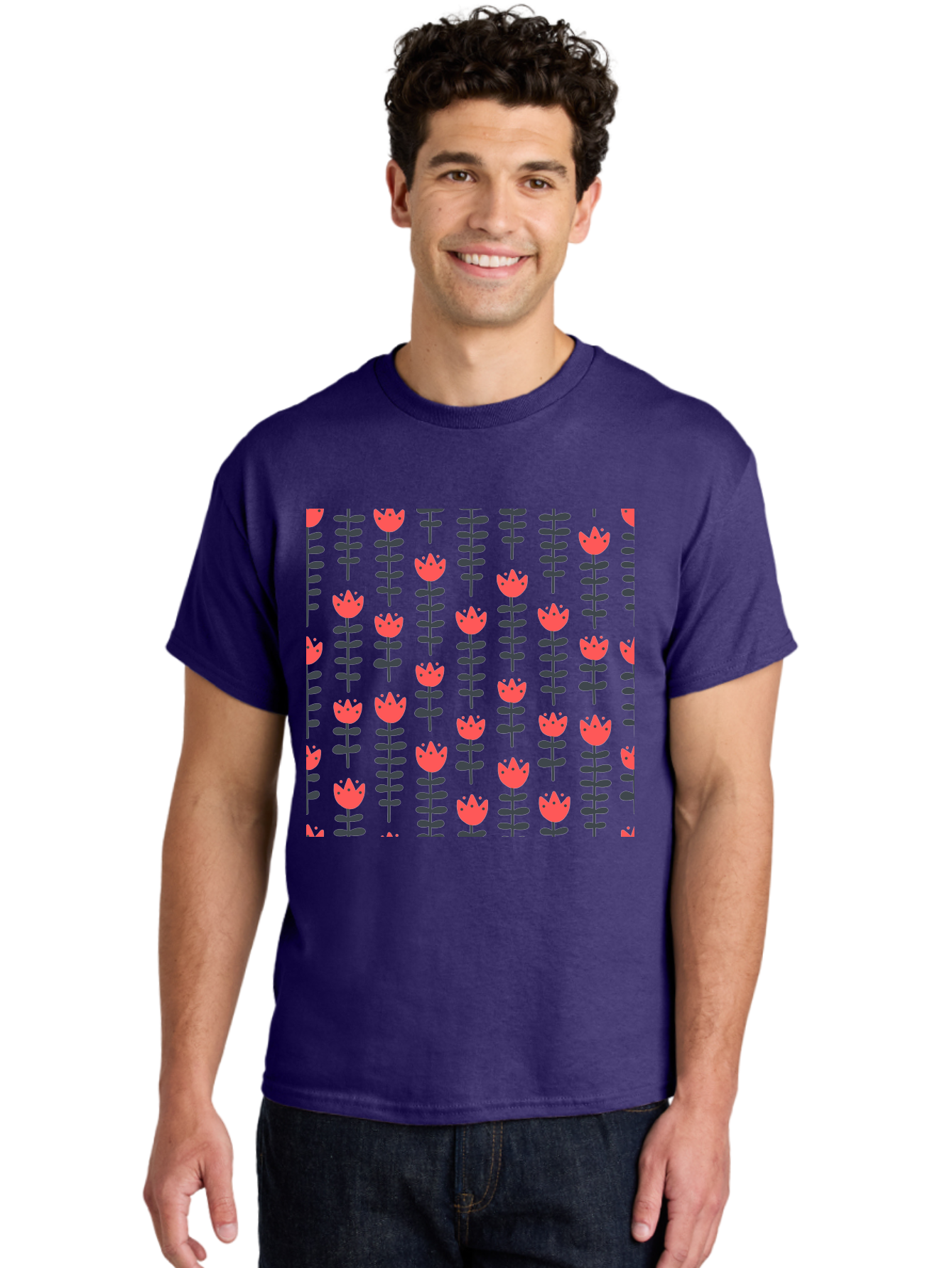 Tulip-Pattern-1 Men'S Graphic Tee, 100% Cotton, Comfortable Casual Summer Wear, Machine Washable, Tulip Pattern, Red Tulips, Black Stems, Floral Design, Repeating Pattern, Minimalist Style, Botanical Print, Wallpaper, Textile Design, Aab810