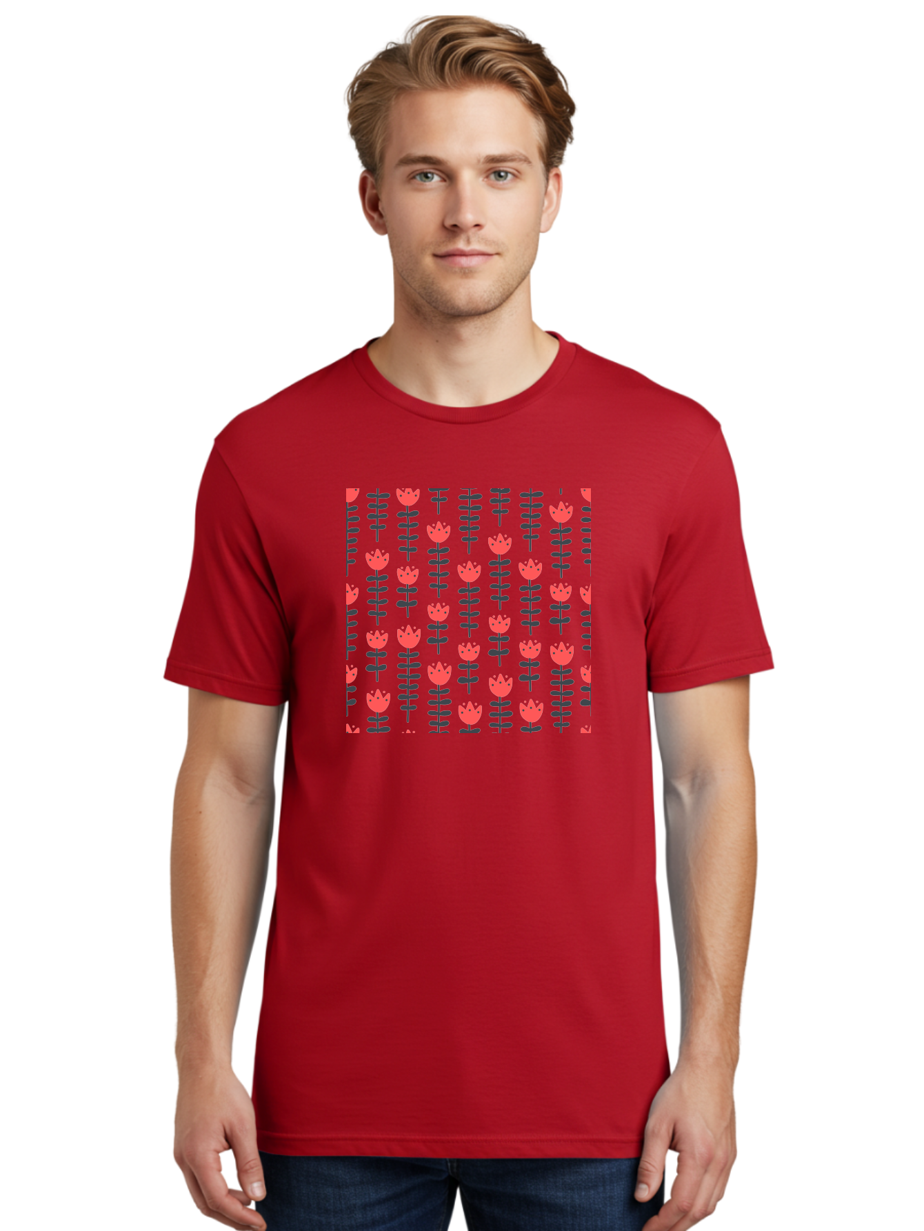 Tulip-Pattern-1 Men'S Graphic Tee, 100% Cotton, Comfortable Casual Summer Wear, Machine Washable, Tulip Pattern, Red Tulips, Black Stems, Floral Design, Repeating Pattern, Minimalist Style, Botanical Print, Wallpaper, Textile Design, Aab810
