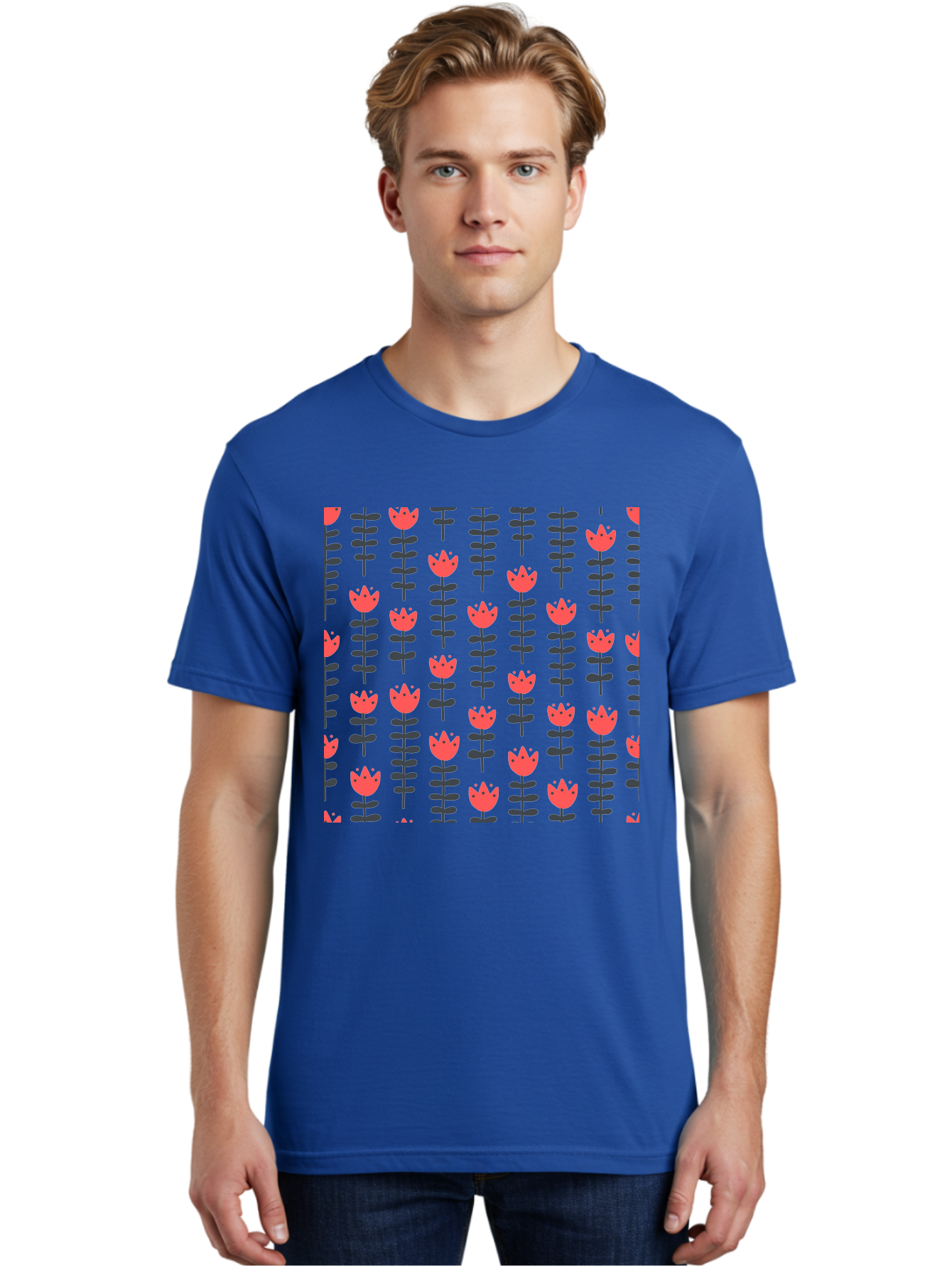 Tulip-Pattern-1 Men'S Graphic Tee, 100% Cotton, Comfortable Casual Summer Wear, Machine Washable, Tulip Pattern, Red Tulips, Black Stems, Floral Design, Repeating Pattern, Minimalist Style, Botanical Print, Wallpaper, Textile Design, Aab810