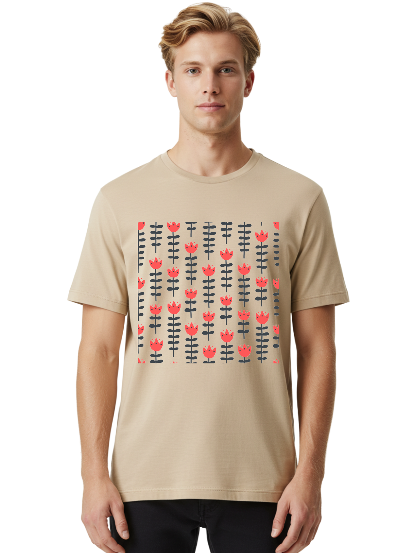 Tulip-Pattern-1 Men'S Graphic Tee, 100% Cotton, Comfortable Casual Summer Wear, Machine Washable, Tulip Pattern, Red Tulips, Black Stems, Floral Design, Repeating Pattern, Minimalist Style, Botanical Print, Wallpaper, Textile Design, Aab810