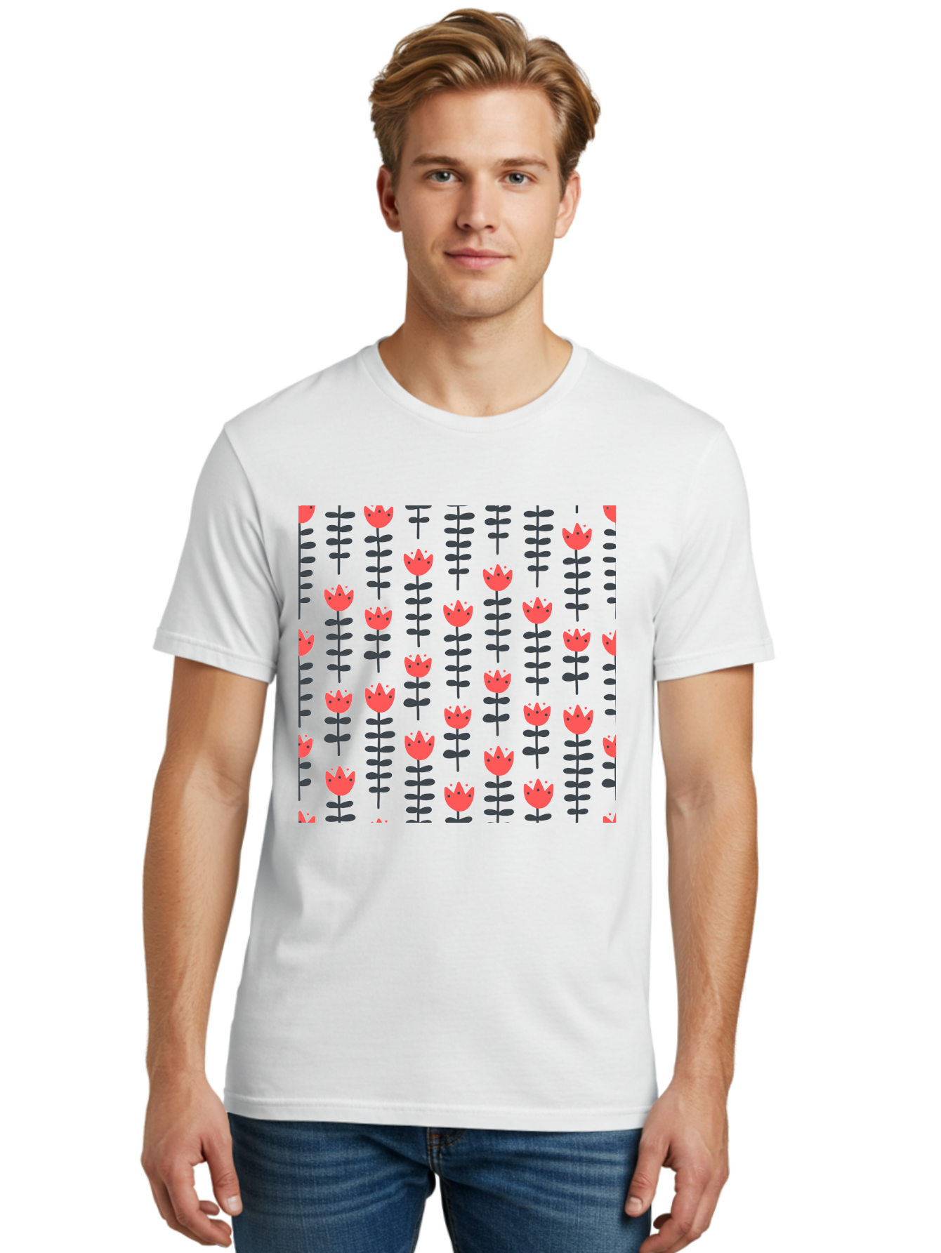 Tulip-Pattern-1 Men'S Graphic Tee, 100% Cotton, Comfortable Casual Summer Wear, Machine Washable, Tulip Pattern, Red Tulips, Black Stems, Floral Design, Repeating Pattern, Minimalist Style, Botanical Print, Wallpaper, Textile Design, Aab810