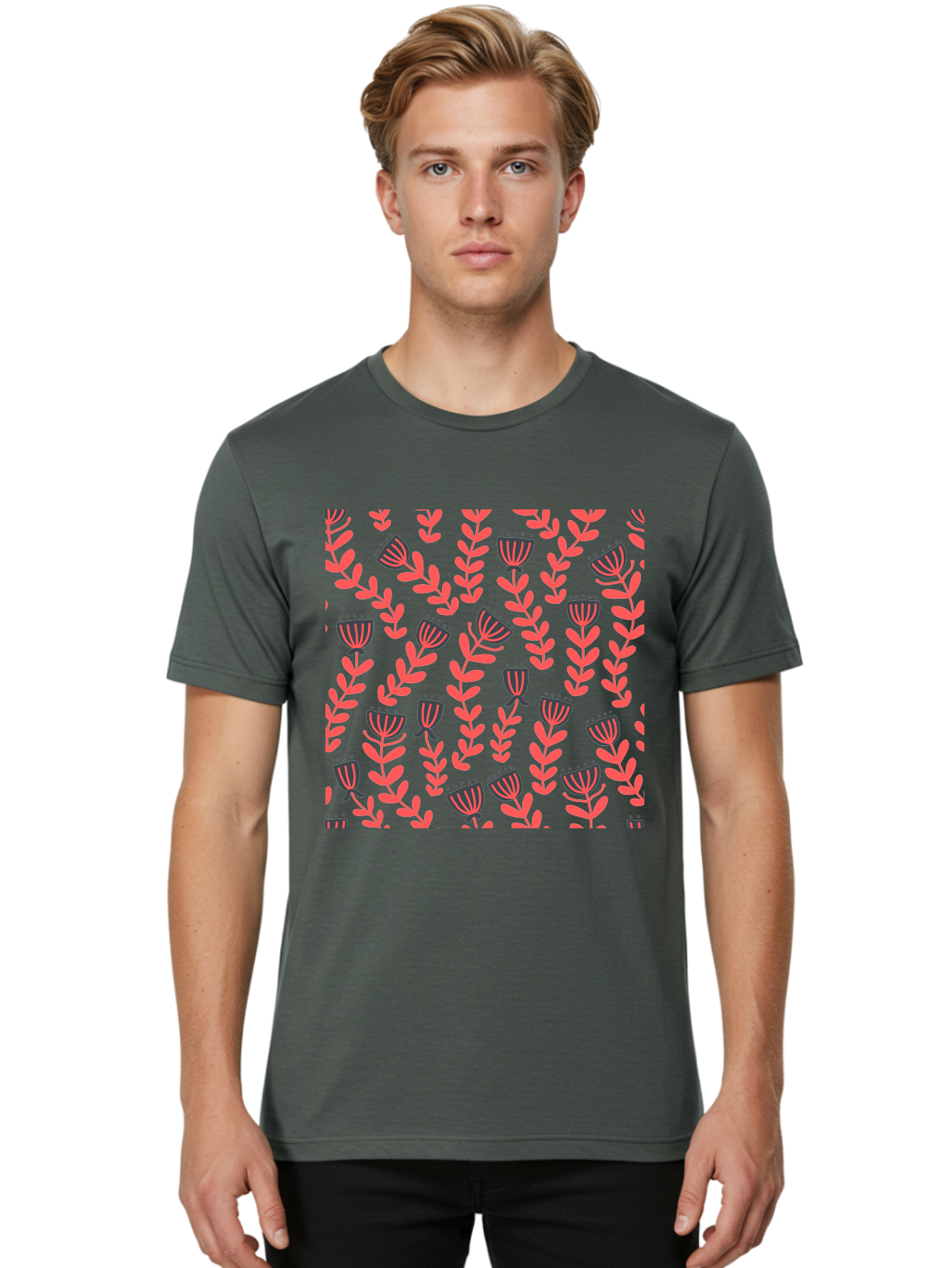 Tulip-Pattern Men'S Graphic Tee, 100% Cotton, Comfortable Casual Summer Wear, Machine Washable, Repeating Pattern, Pink Flowers, Leaves, Floral Design, Abstract Shapes, Vibrant Colors, Striped Patterns, Whimsical Art Aab811