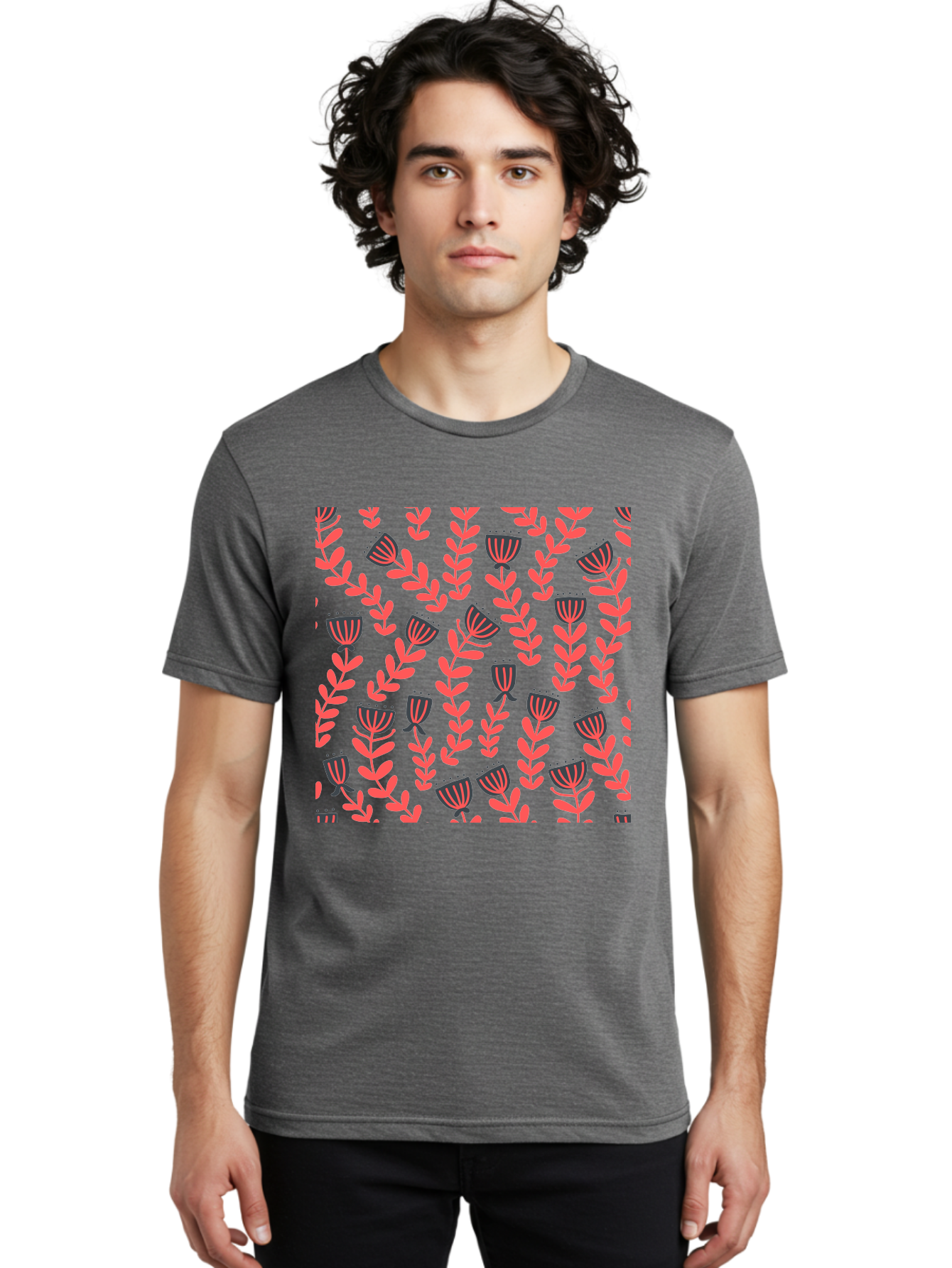 Tulip-Pattern Men'S Graphic Tee, 100% Cotton, Comfortable Casual Summer Wear, Machine Washable, Repeating Pattern, Pink Flowers, Leaves, Floral Design, Abstract Shapes, Vibrant Colors, Striped Patterns, Whimsical Art Aab811