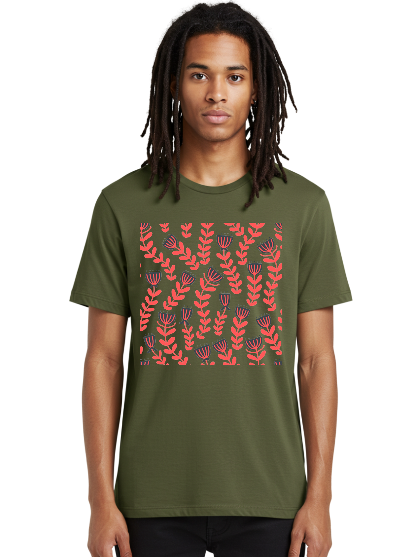 Tulip-Pattern Men'S Graphic Tee, 100% Cotton, Comfortable Casual Summer Wear, Machine Washable, Repeating Pattern, Pink Flowers, Leaves, Floral Design, Abstract Shapes, Vibrant Colors, Striped Patterns, Whimsical Art Aab811